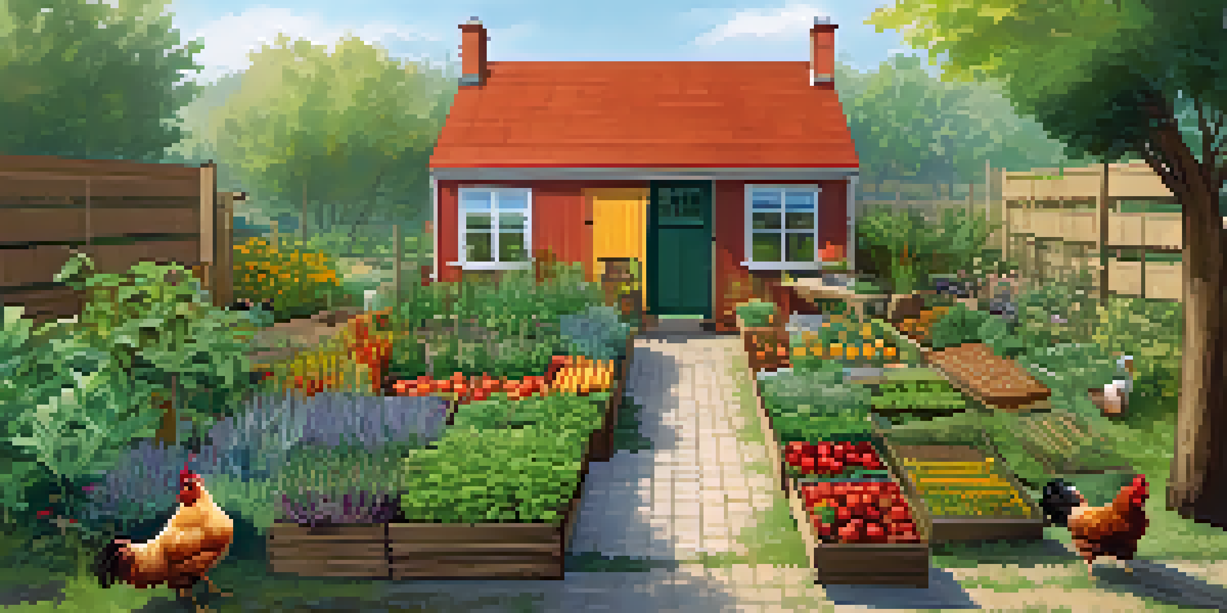 A colorful permaculture garden layout displaying different zones, from a home base to untouched wilderness.