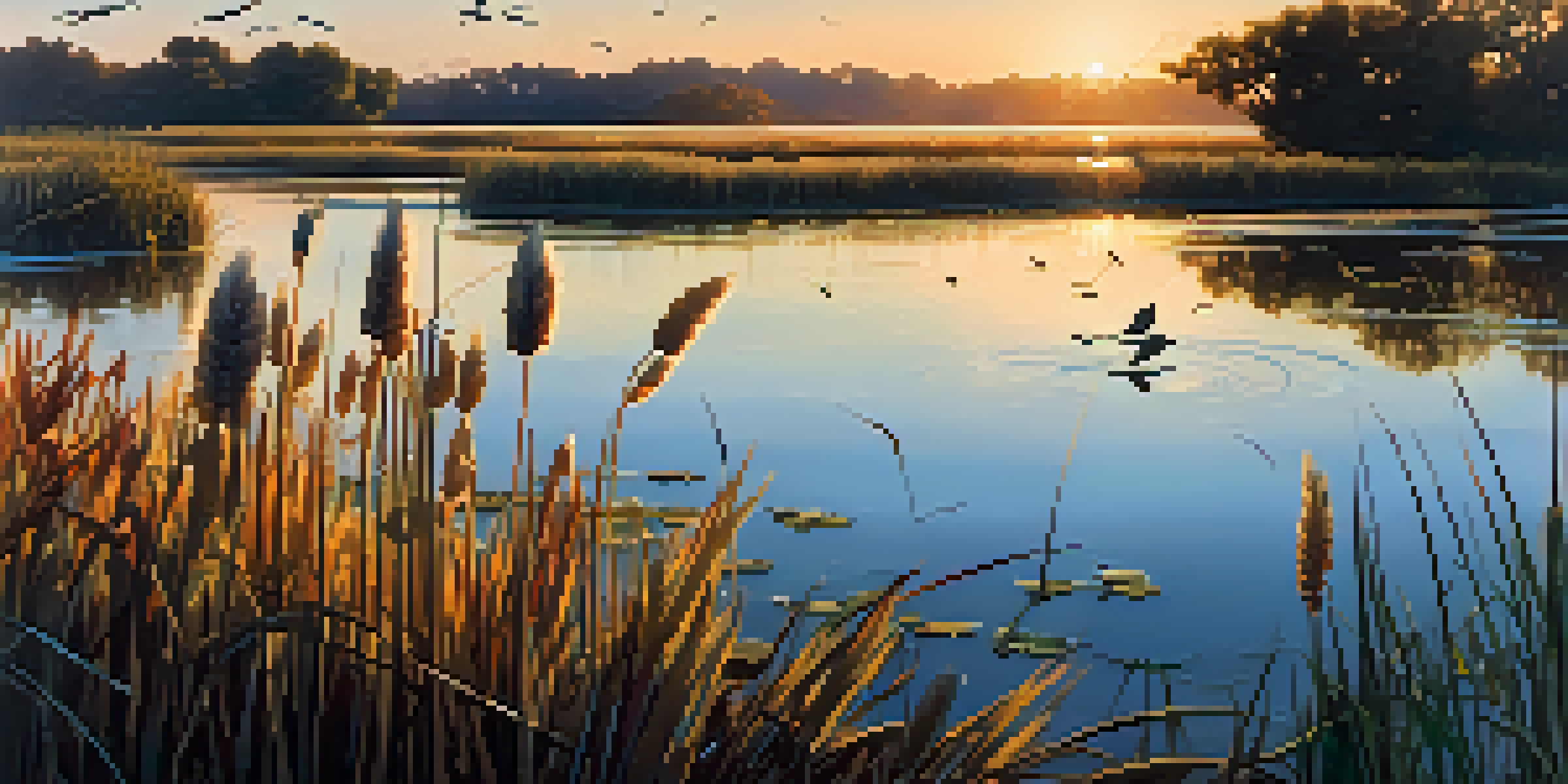A wetland landscape with plants and birds during sunset, reflecting warm colors in the pond.
