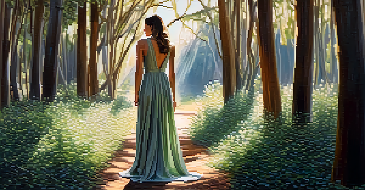 A model in a flowing Tencel dress stands among green eucalyptus trees, with sunlight filtering through the leaves.