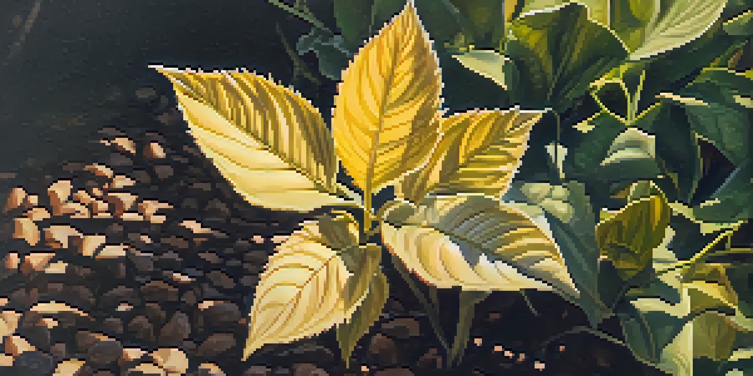 A close-up image of a plant showing yellowing leaves, suggesting nitrogen deficiency, with a blurred garden backdrop and sunlight.