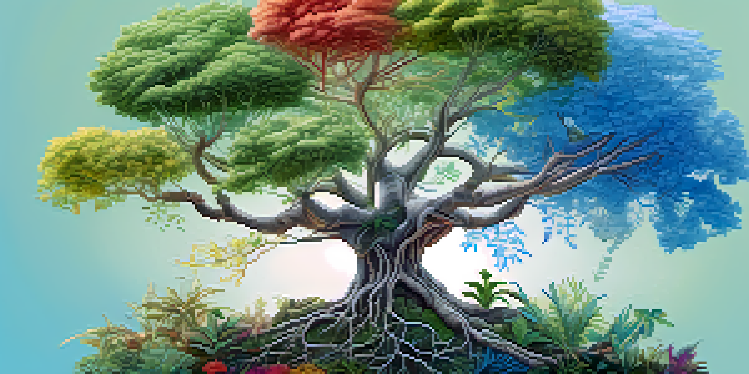 An intricate phylogenetic tree displaying various colorful plant species and their evolutionary connections, set against a gradient background.