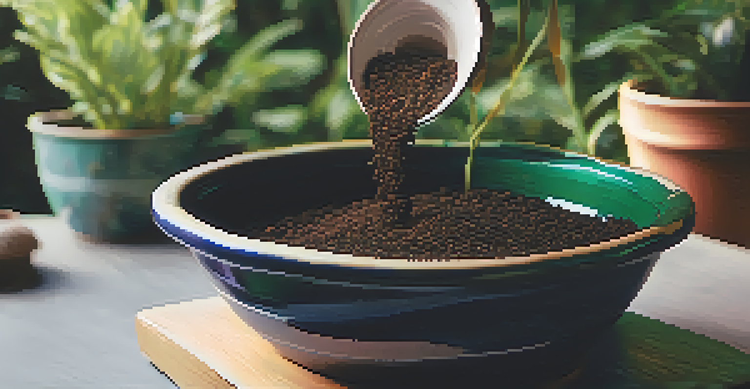 A close-up of potting soil being poured into a colorful pot with blurred green plants in the background.