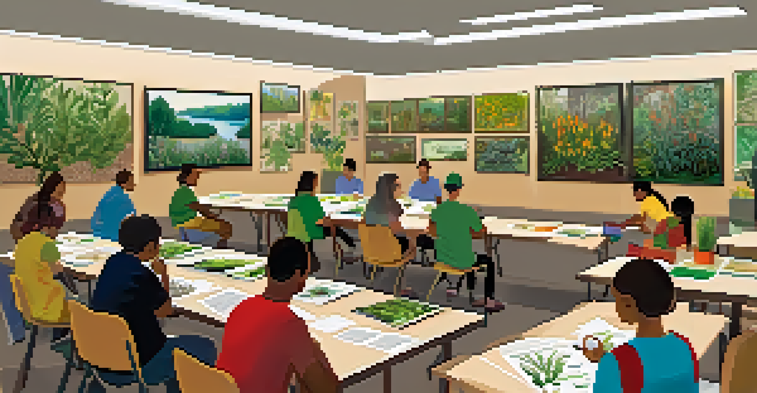 People participating in an educational workshop on local plant species with guides and samples.