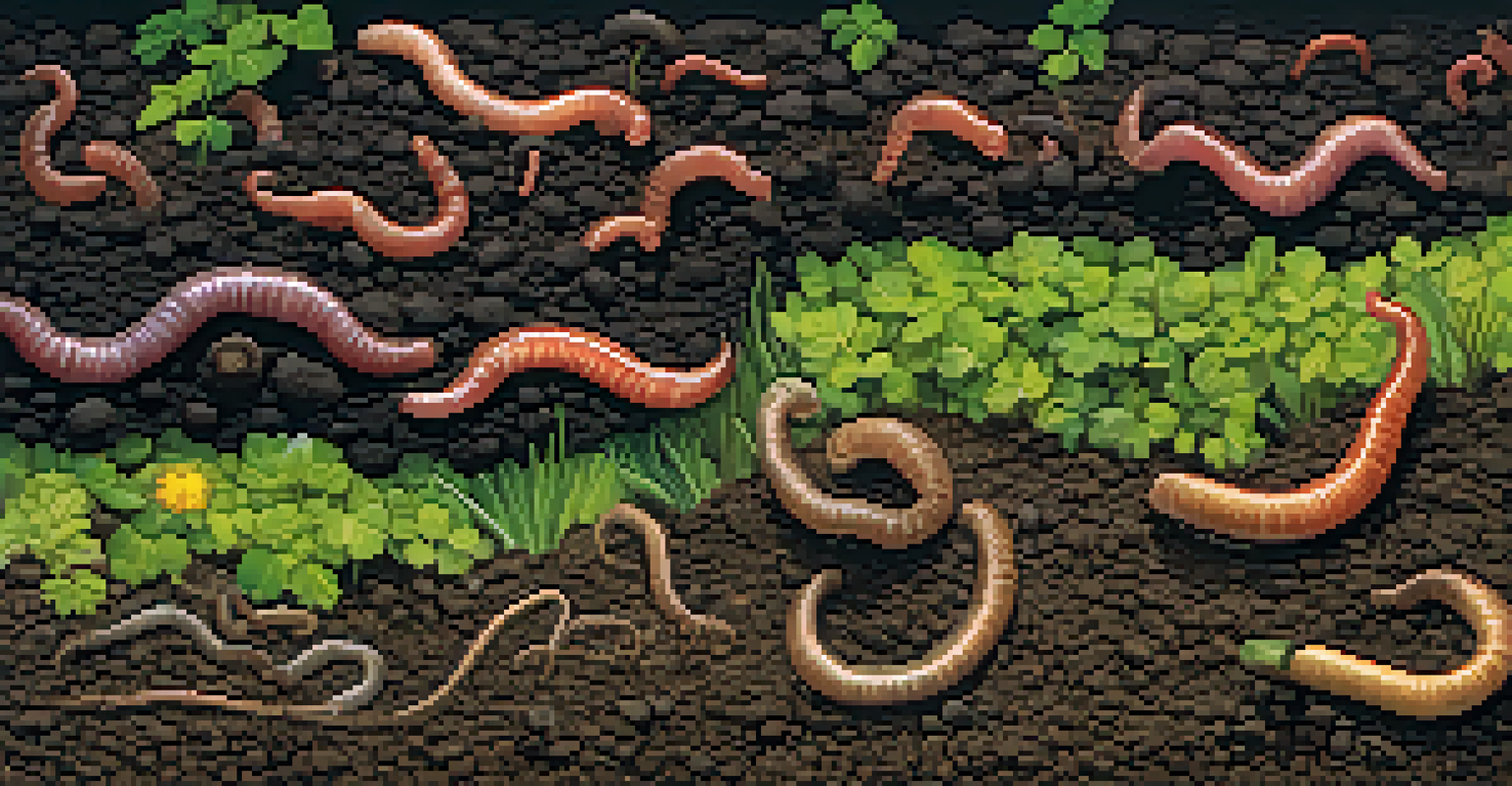 A close-up of healthy soil teeming with life, showcasing earthworms and cover crops above.