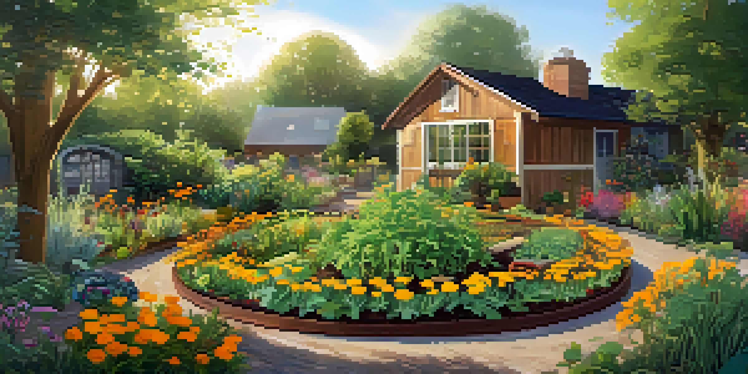 A colorful permaculture garden featuring various plants arranged in a circular layout, with a wooden sign and morning light filtering through leaves.