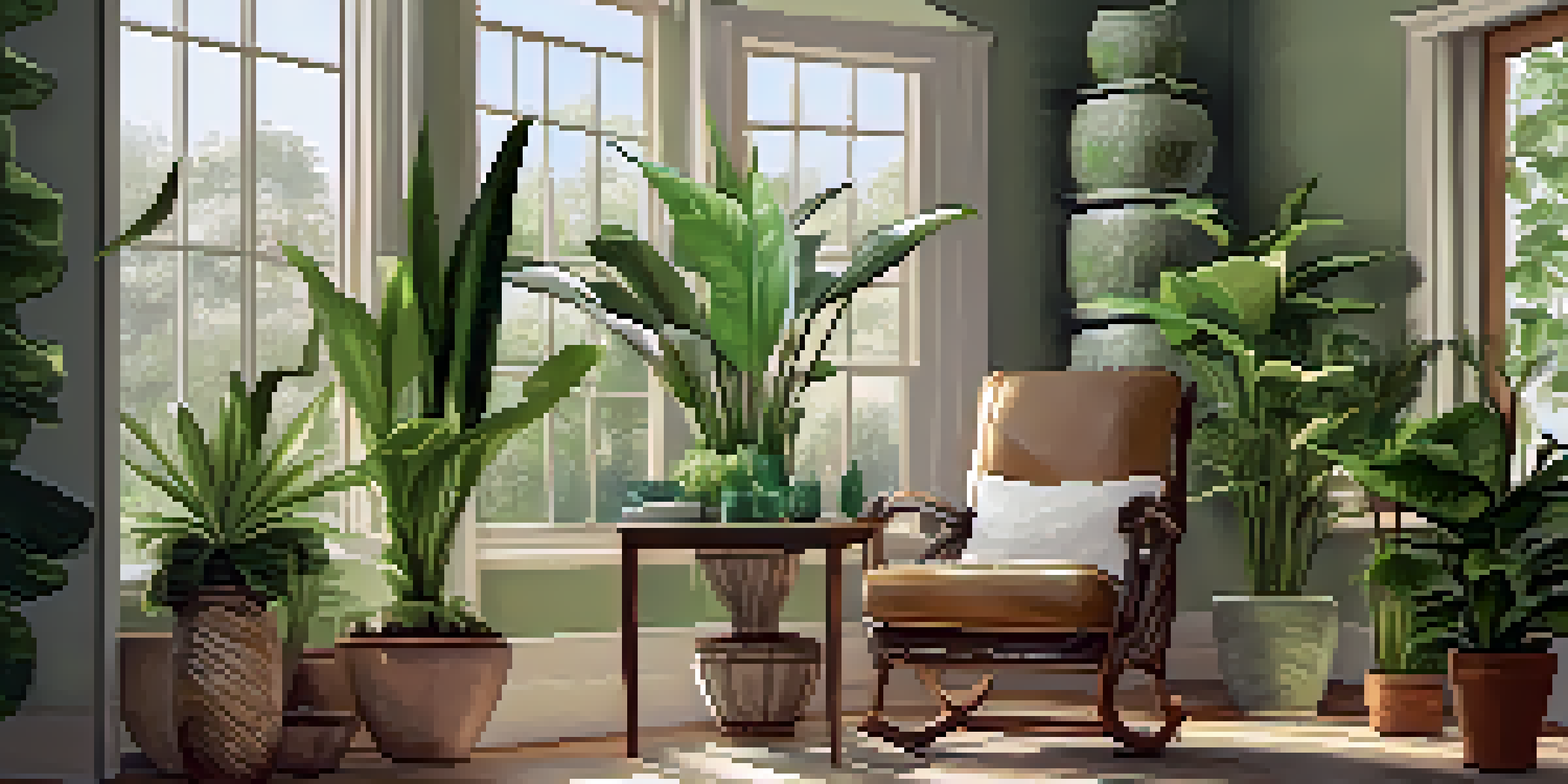 A peaceful indoor plant sanctuary filled with various green plants and a comfortable chair, illuminated by soft natural light.