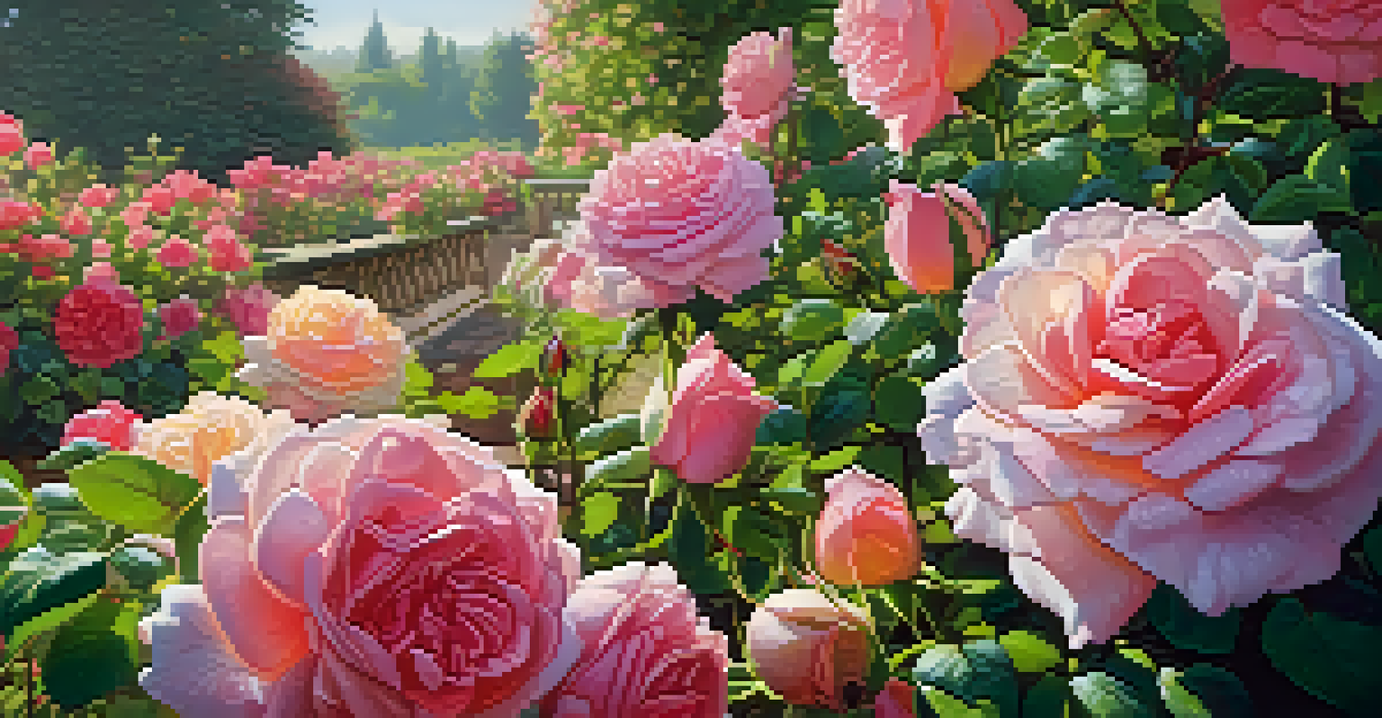 A close-up of a blooming rose garden in Portland, featuring various colored roses with dewdrops on petals in morning light.