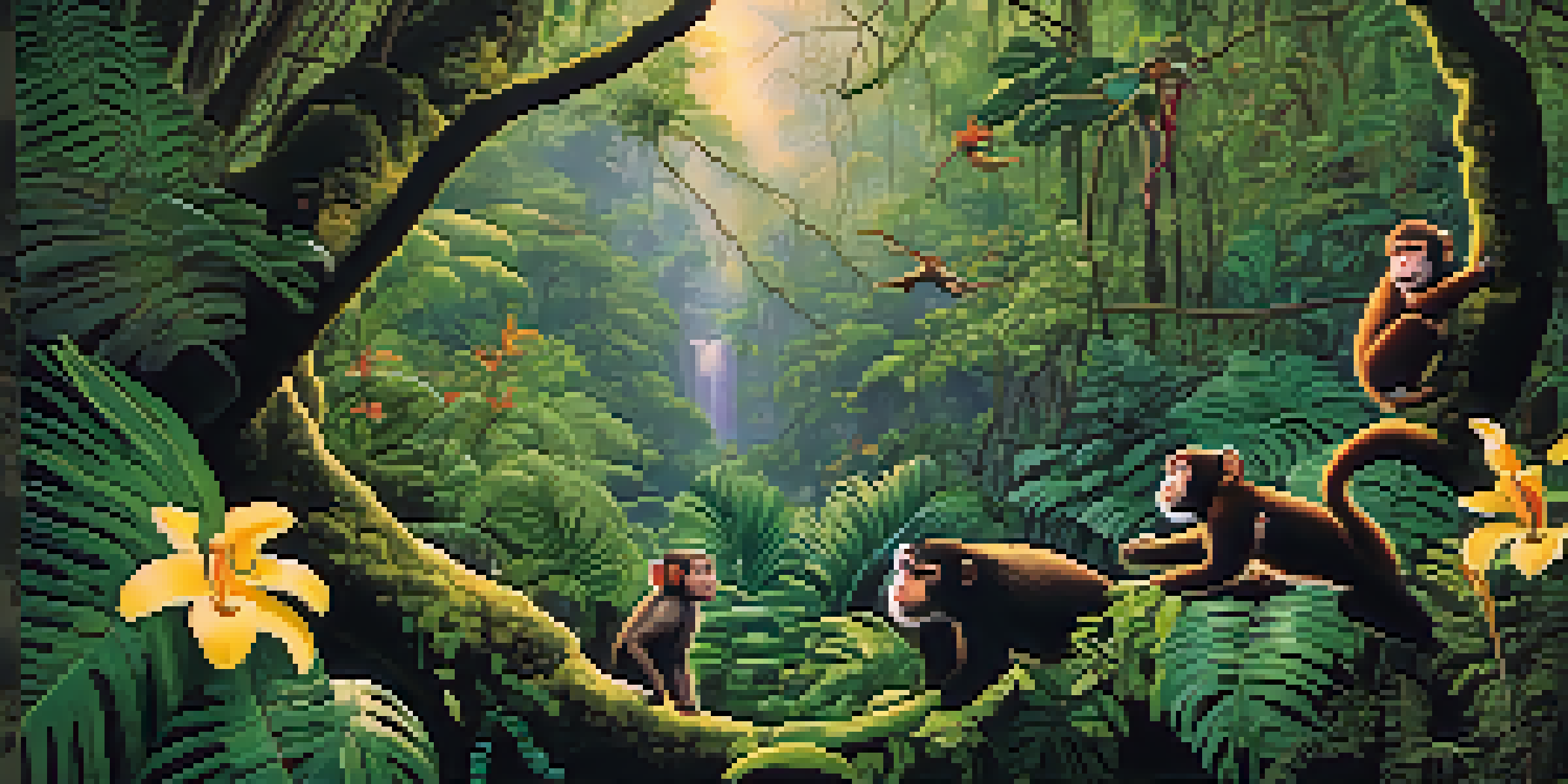 A colorful tropical rainforest with lush green leaves, orchids, and playful monkeys swinging in the trees.