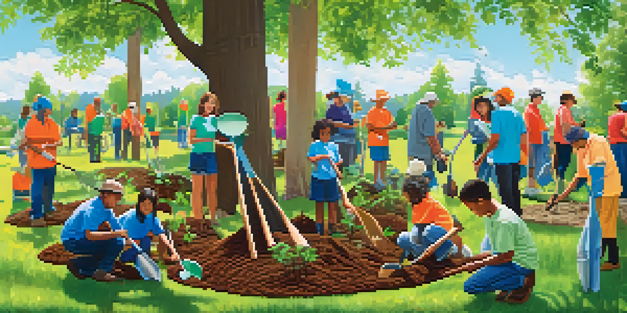 A group of people of different ages planting trees in a sunny park, surrounded by greenery and colorful gardening tools.