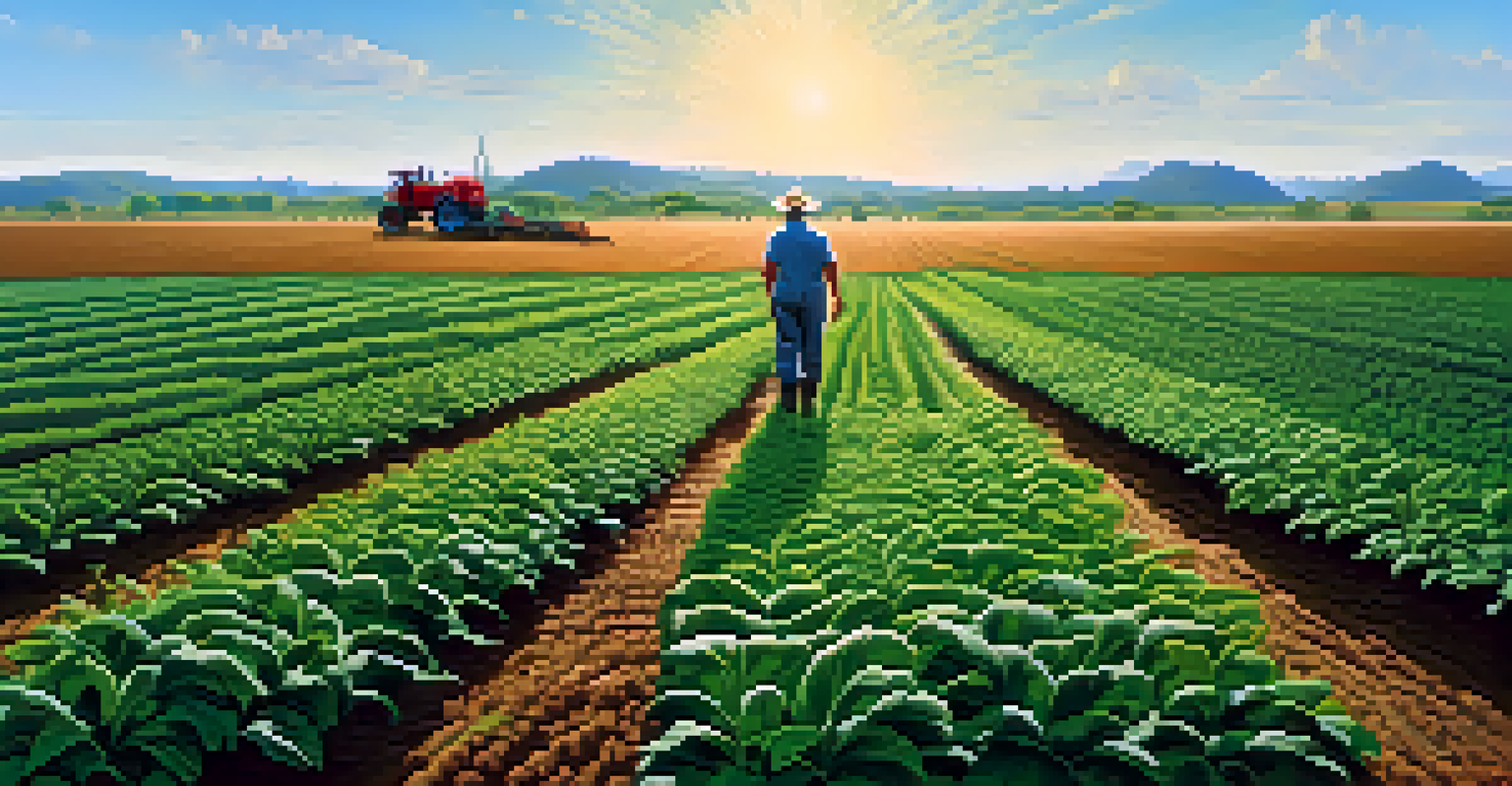A vibrant agricultural field with healthy crops and a farmer examining the soil under a blue sky.