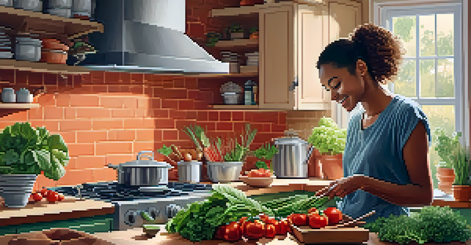 A person cooking in a bright kitchen, surrounded by fresh plant-based ingredients like leafy greens and tomatoes.