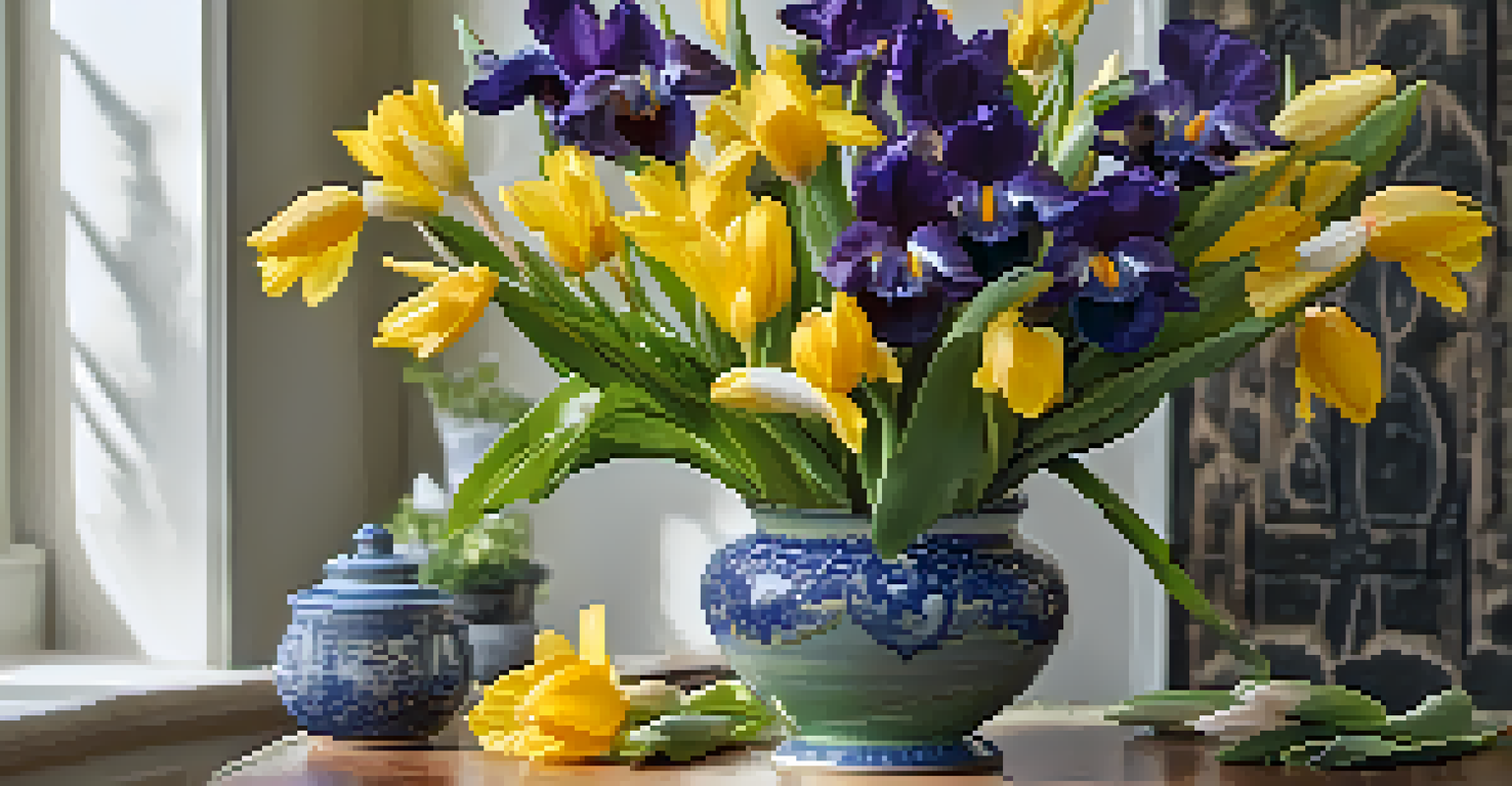 A floral arrangement with a purple iris, pastel tulips, and yellow daisies in a ceramic vase, set against a blurred garden background.