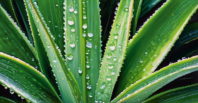 Close-up of aloe vera leaves with water droplets, set against a blurred background of tropical plants.