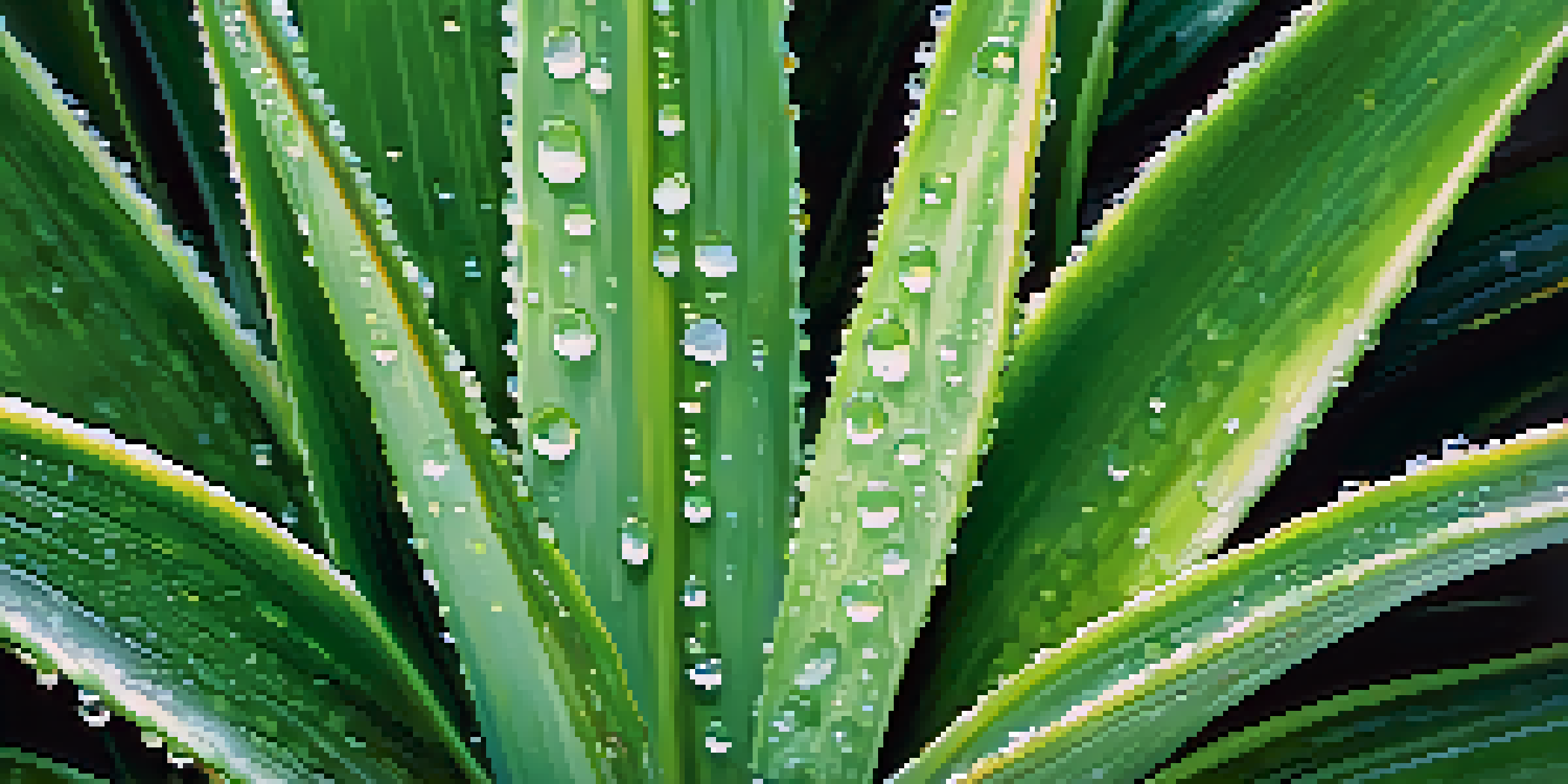 Close-up of aloe vera leaves with water droplets, set against a blurred background of tropical plants.