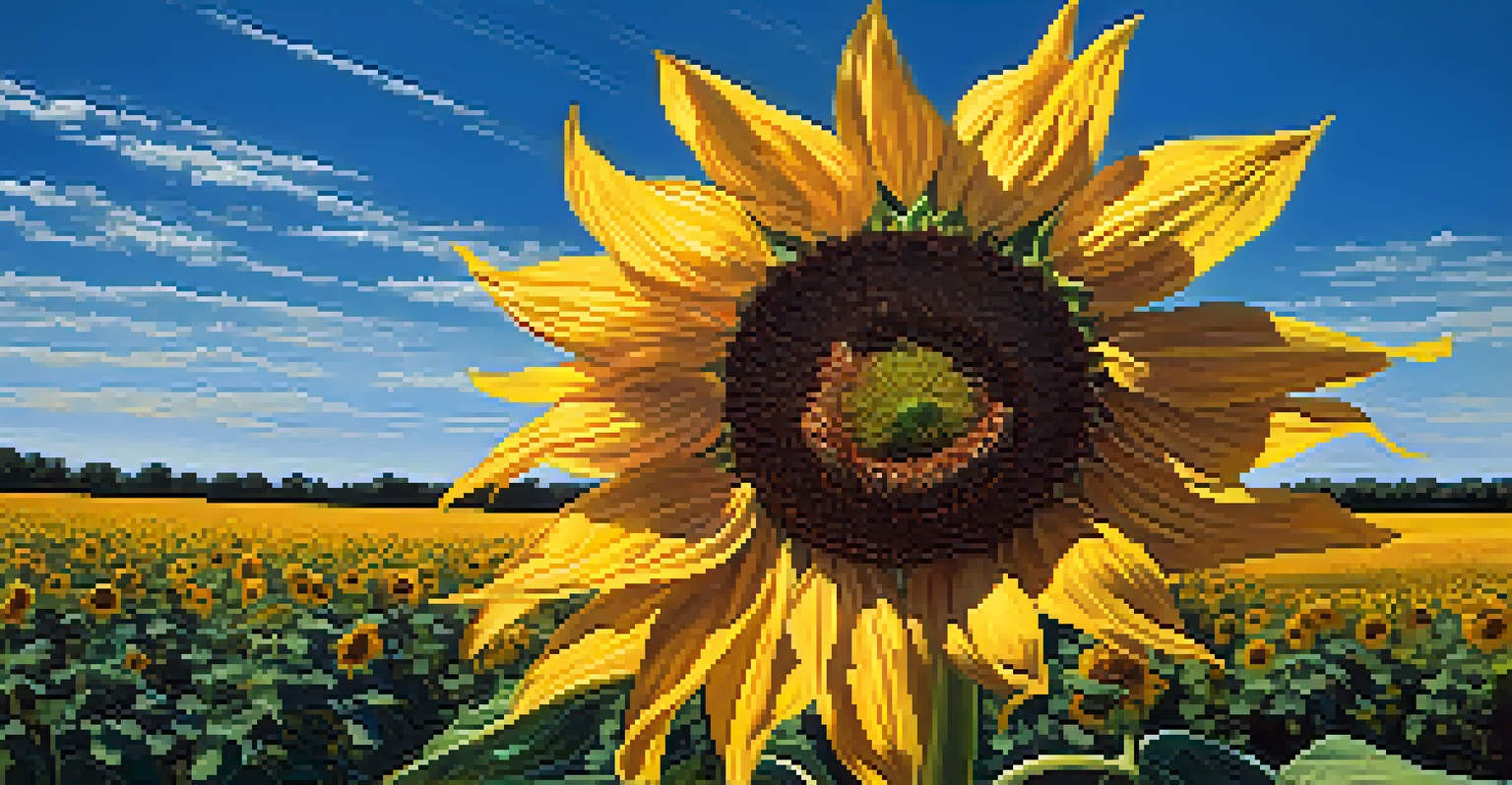 A close-up of a sunflower in a field, facing the sun with bright yellow petals against a blue sky.