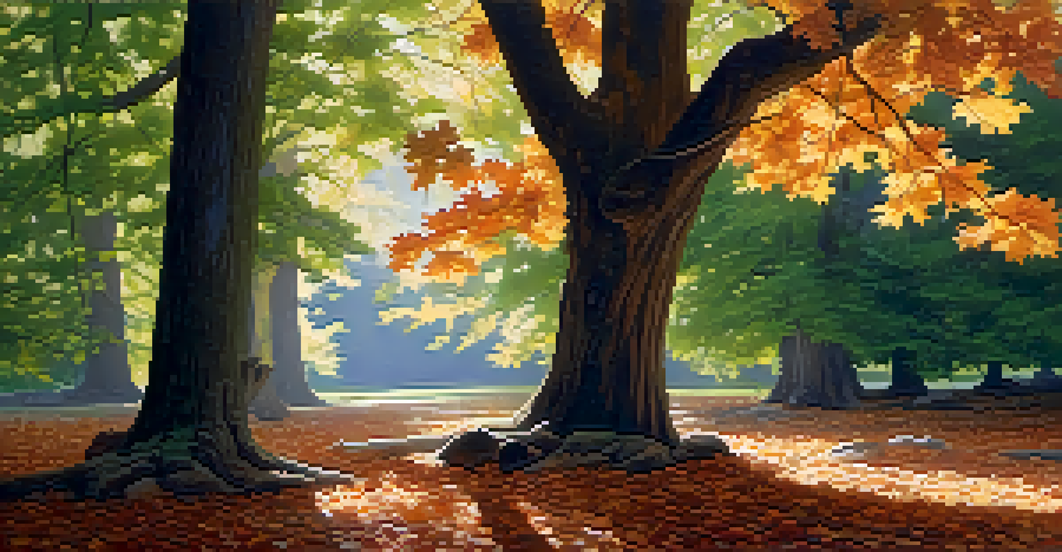An oak tree and a maple tree in a forest, showcasing their distinct leaf shapes and dappled sunlight on the forest floor.