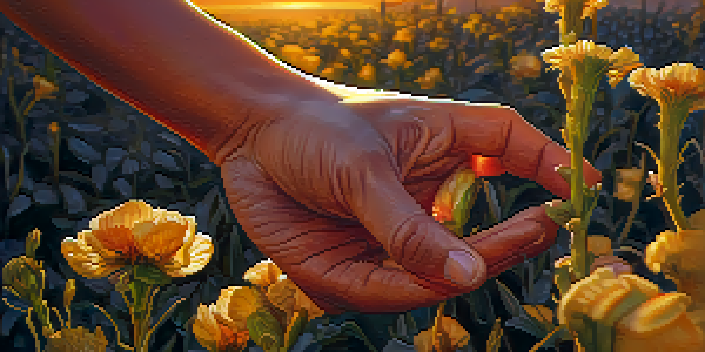 A gardener's hands collecting seeds from a flower, with a sunset in the background.