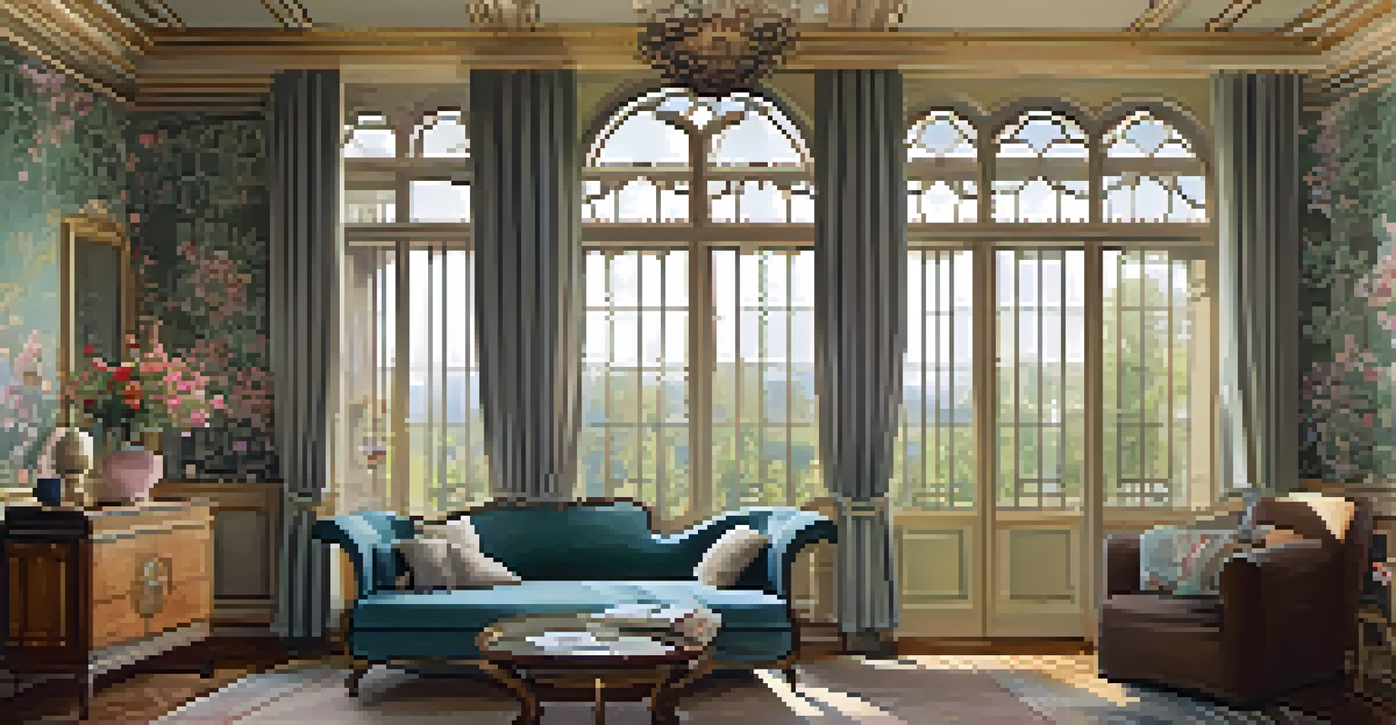 A beautifully designed living room with floral-patterned wallpaper and elegant furniture.