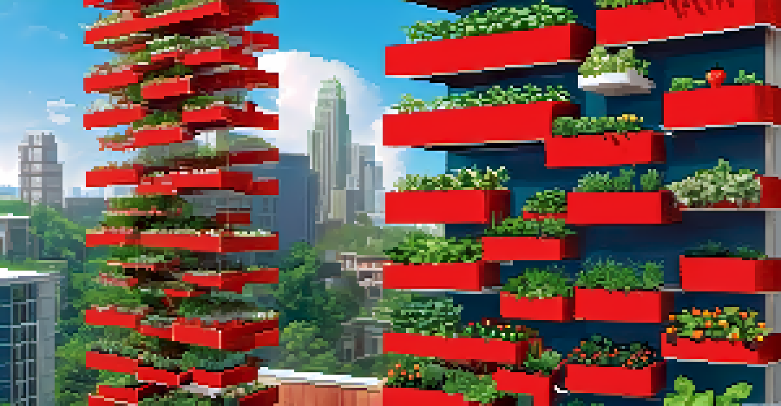 A sunny balcony with a tiered hydroponic garden displaying strawberries and cherry tomatoes against a city skyline.