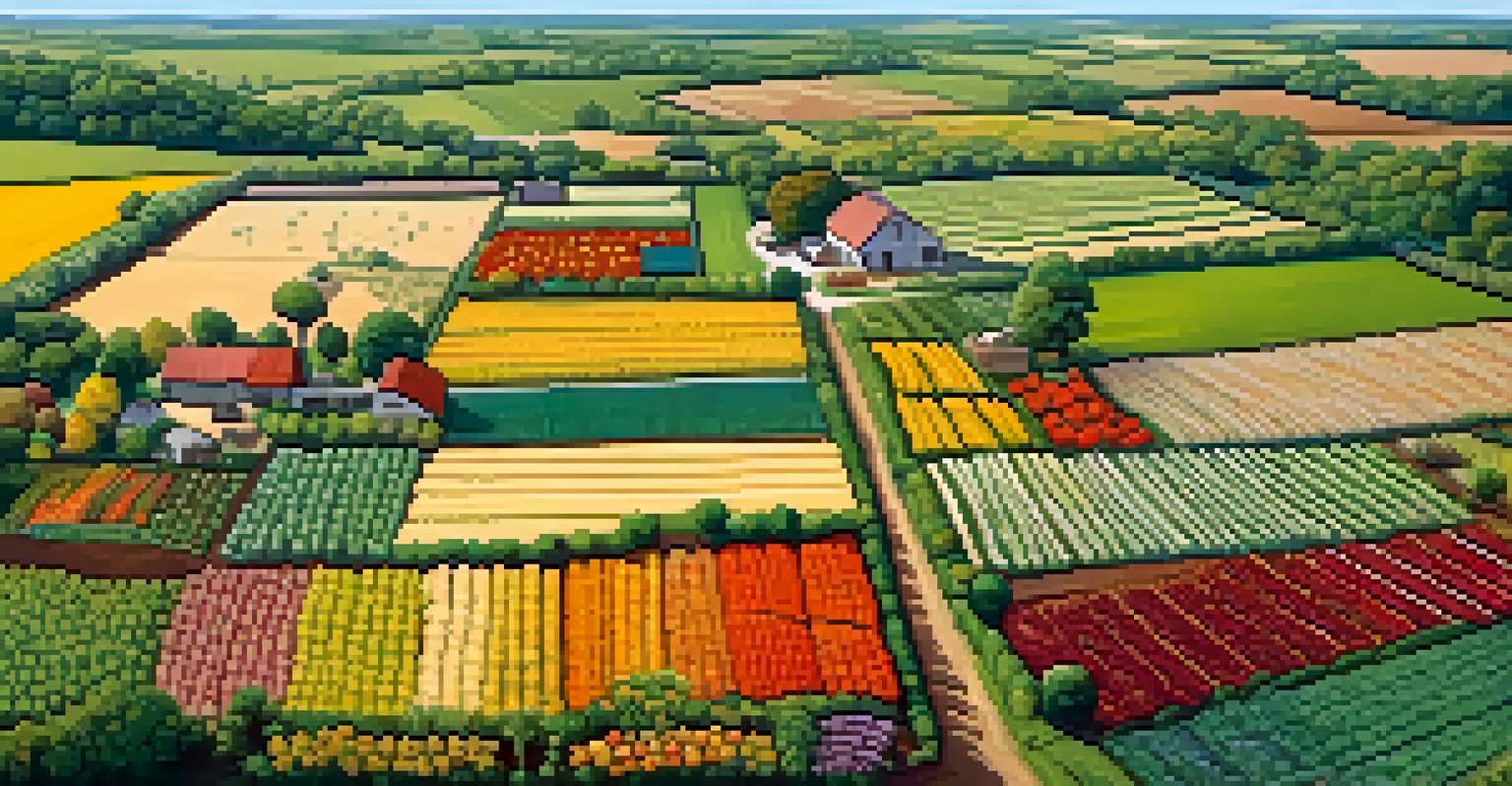 An aerial view of a vibrant organic farm with various crops, bordered by wildflowers under a clear blue sky.