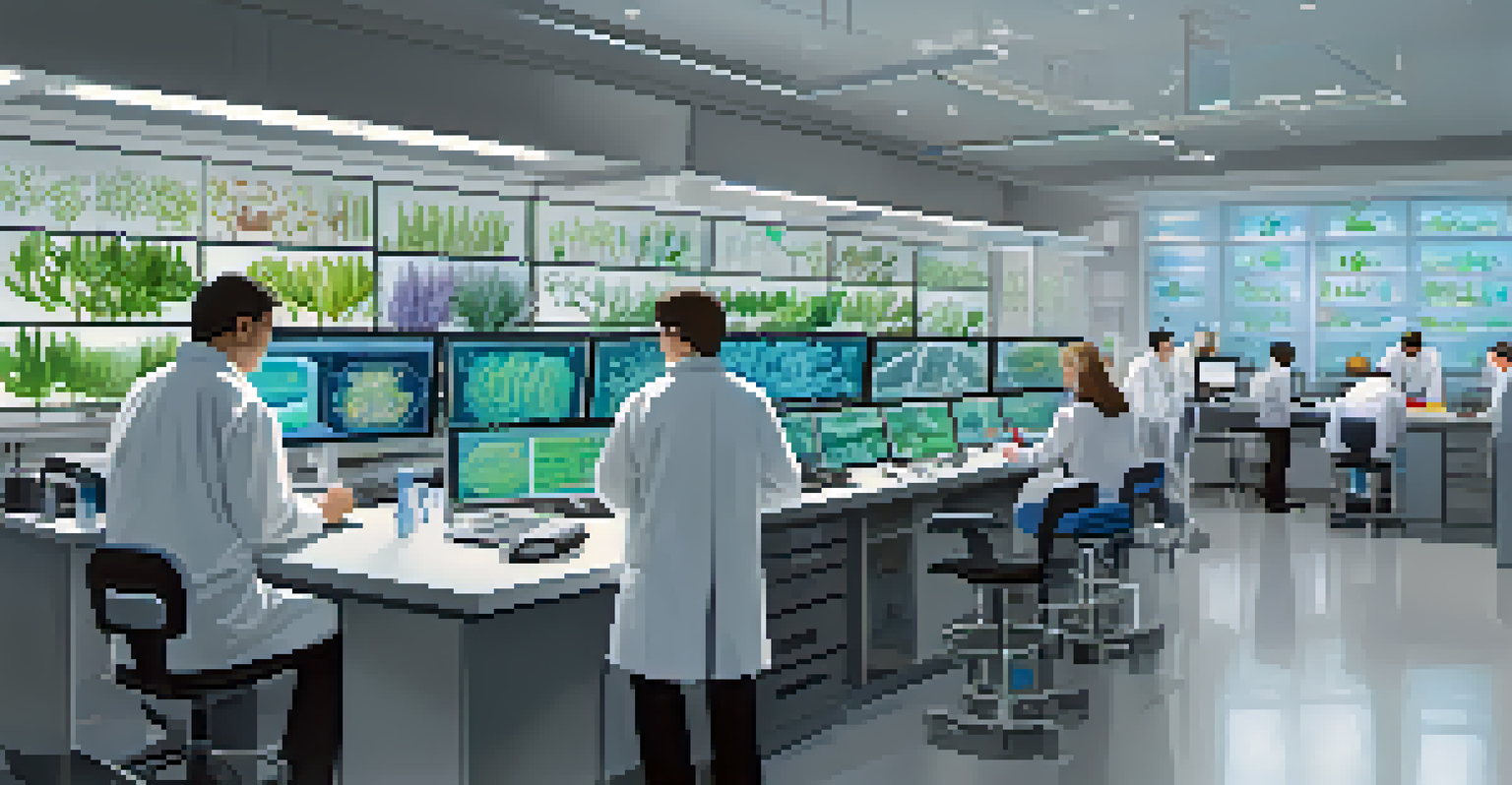 Scientists in a laboratory using CRISPR technology with microscopes and genetic charts.
