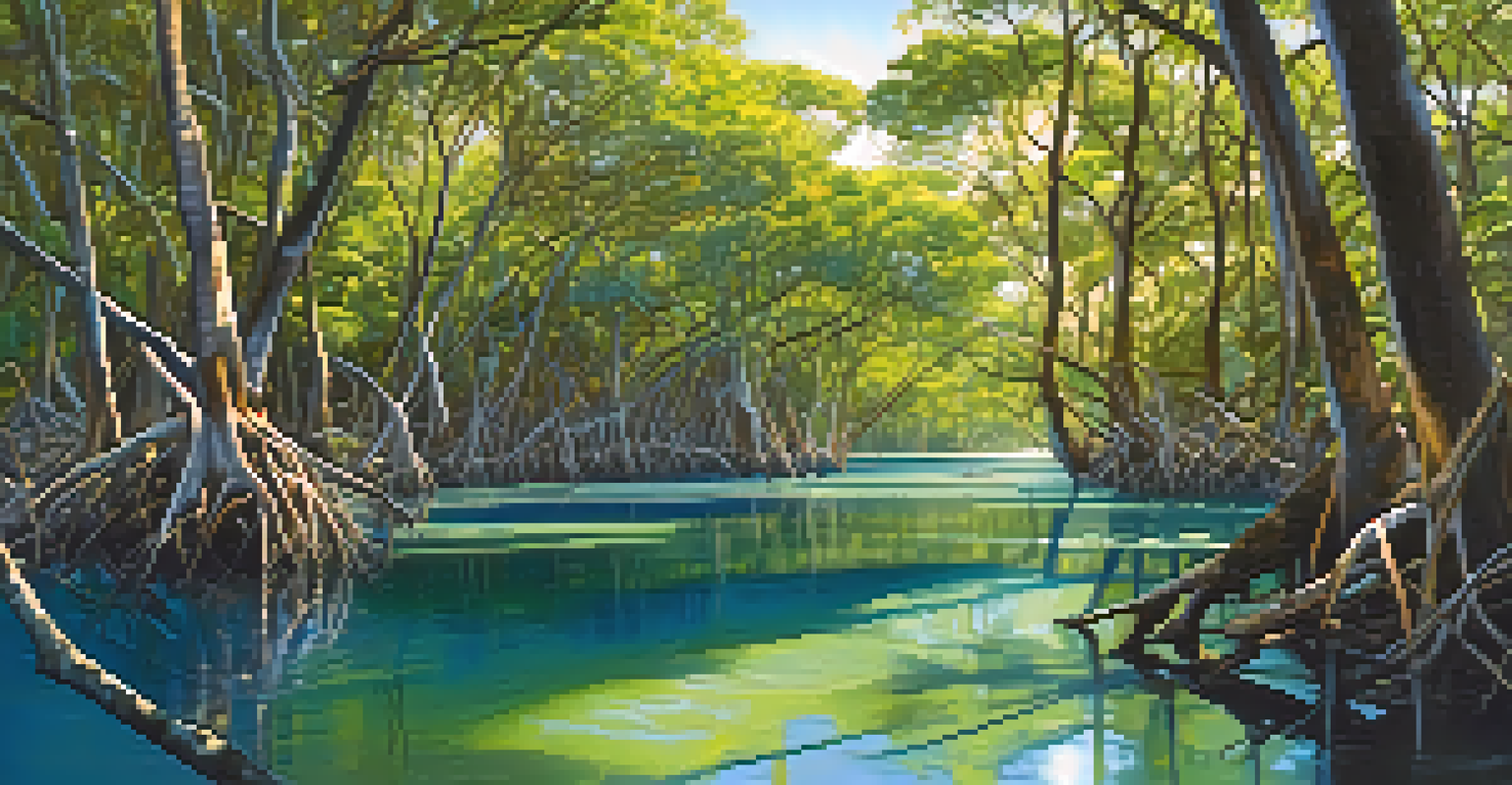 A coastal mangrove forest with tall trees and their roots visible above water, illuminated by sunlight.