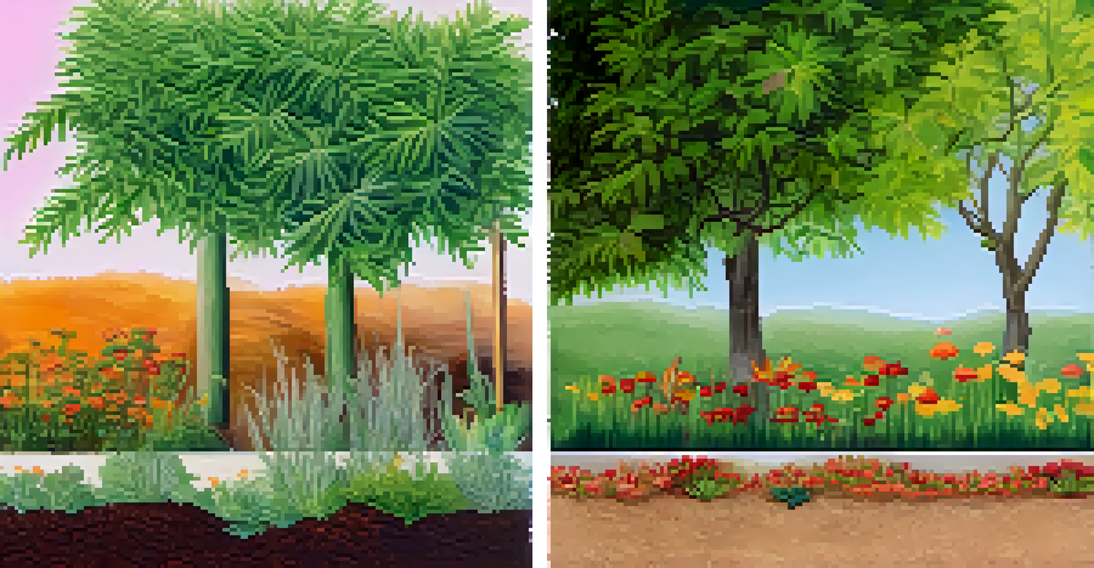 A split garden scene showing the effects of high and low temperatures on plant health.