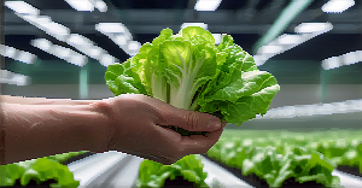 A close-up of a person's hand holding a fresh hydroponic lettuce head, with a blurred hydroponic system in the background.