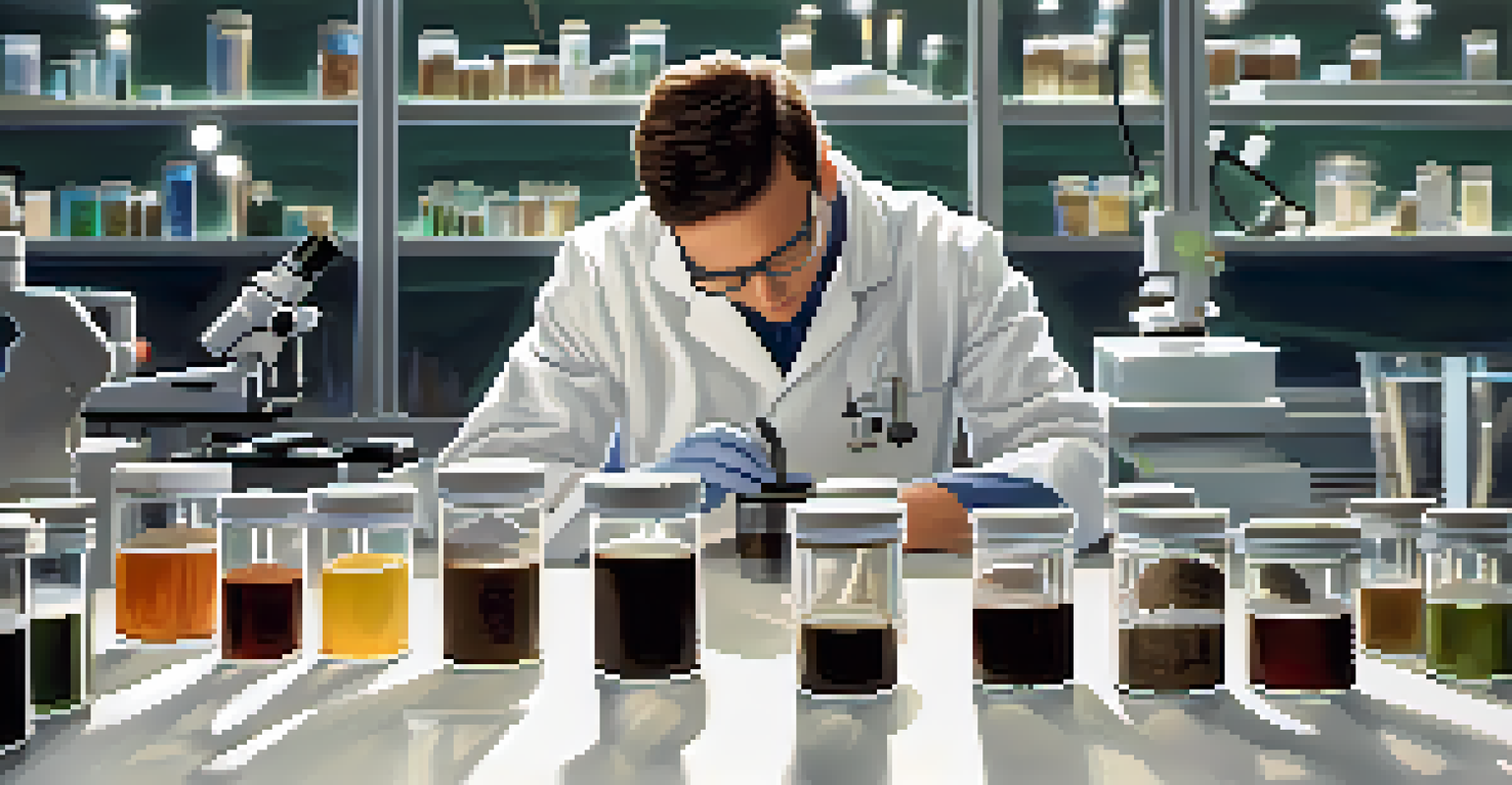 A researcher in a lab examining soil samples under a microscope, with various soil textures displayed on the table.