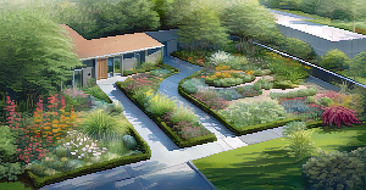 An aerial view of a flood-resistant garden showcasing water management features like swales, filled with lush native plants under a sunny sky.