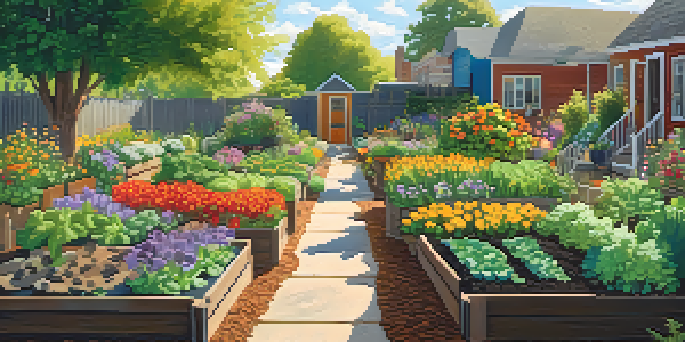 A lively urban garden filled with various vegetables and flowers, highlighting healthy soil with layers of compost and mulch, under bright sunlight with bees and butterflies.