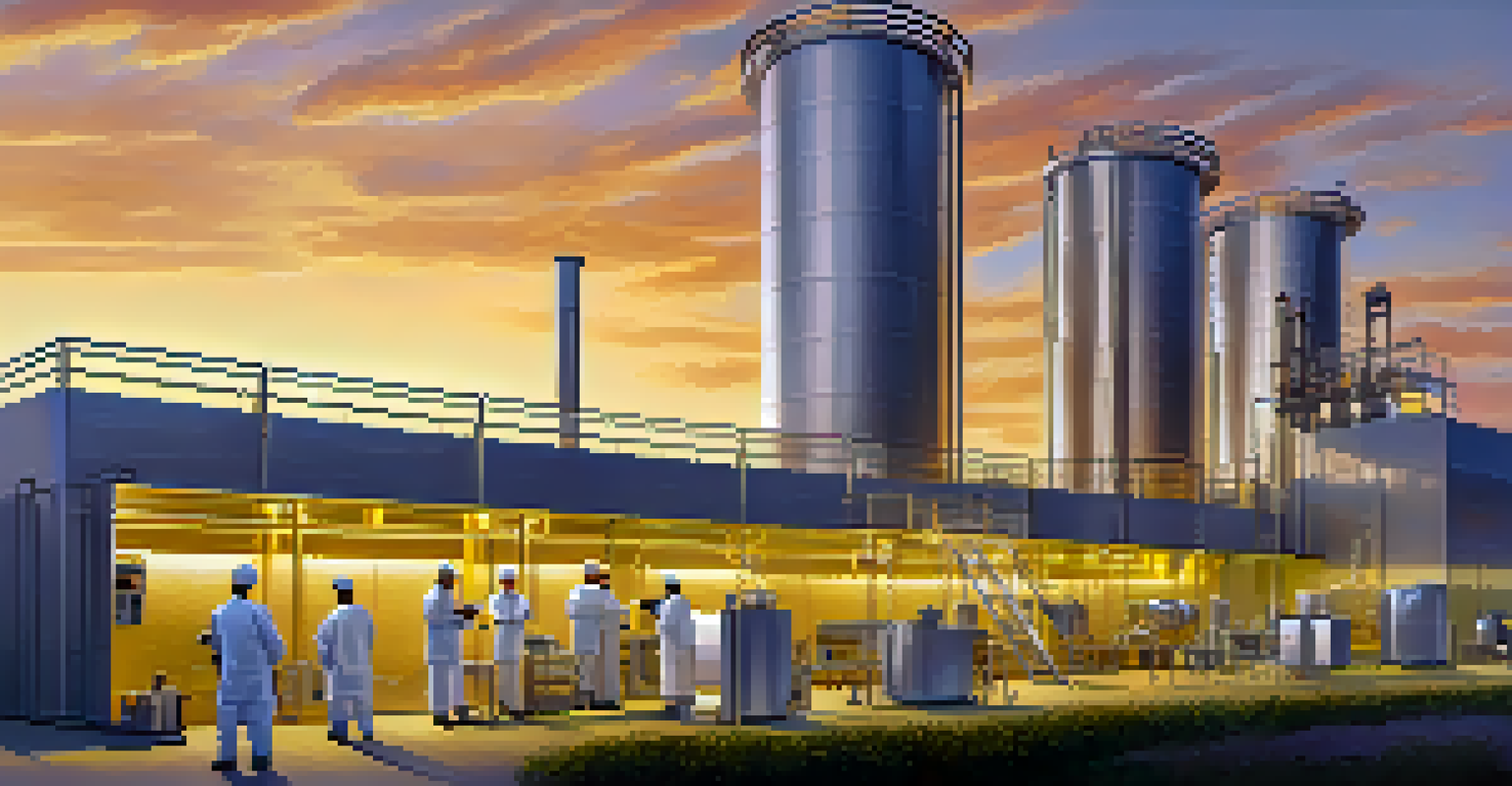 A modern biofuel production facility with fermentation tanks and solar panels, depicting renewable energy innovation.