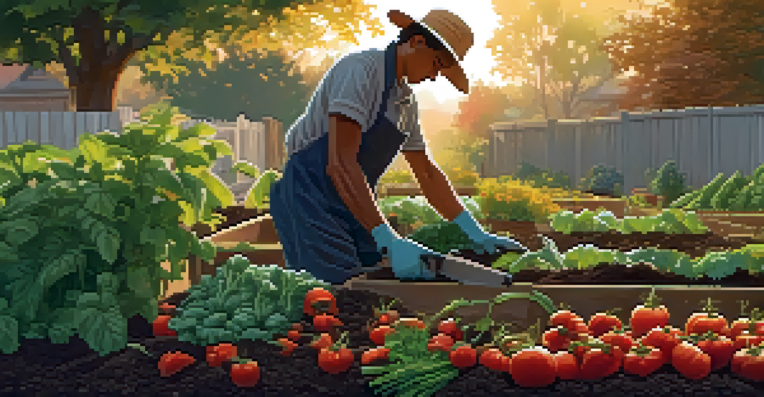 A gardener applying organic compost to a vibrant vegetable garden filled with tomatoes, peppers, and greens, with a sunset in the background.