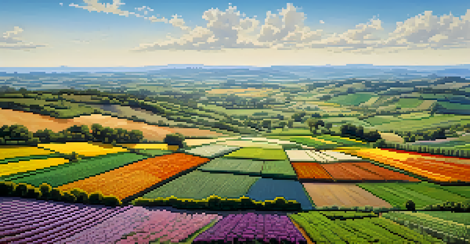 An aerial view of diverse agricultural fields with various crops and wildflowers, set against rolling hills.