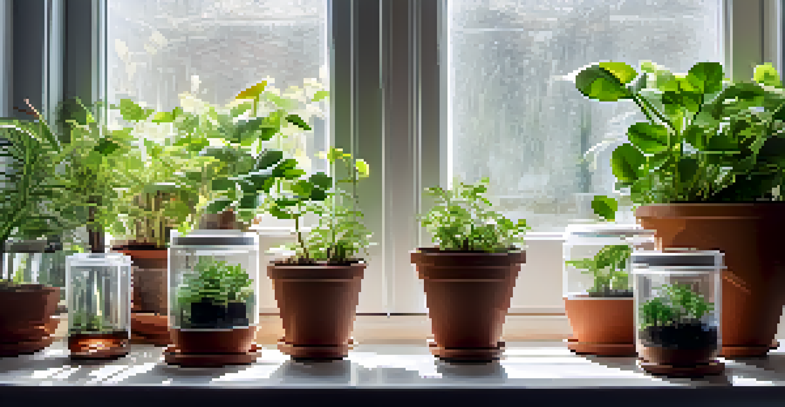 An indoor garden scene showing small pots with plant cuttings covered by clear containers, illuminated by sunlight from a window.