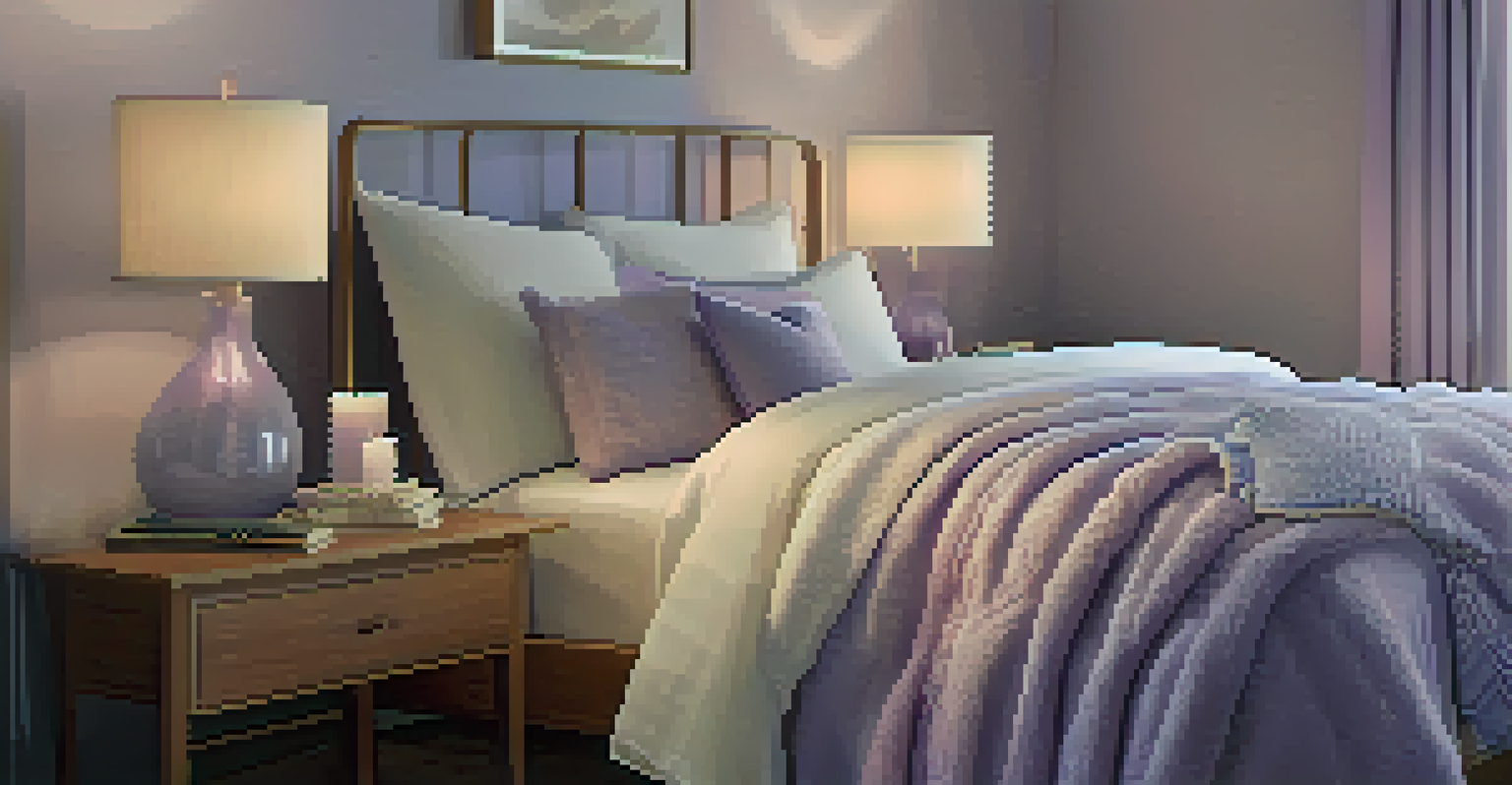 A cozy bedroom with a diffuser releasing lavender mist and a candle on the bedside table.