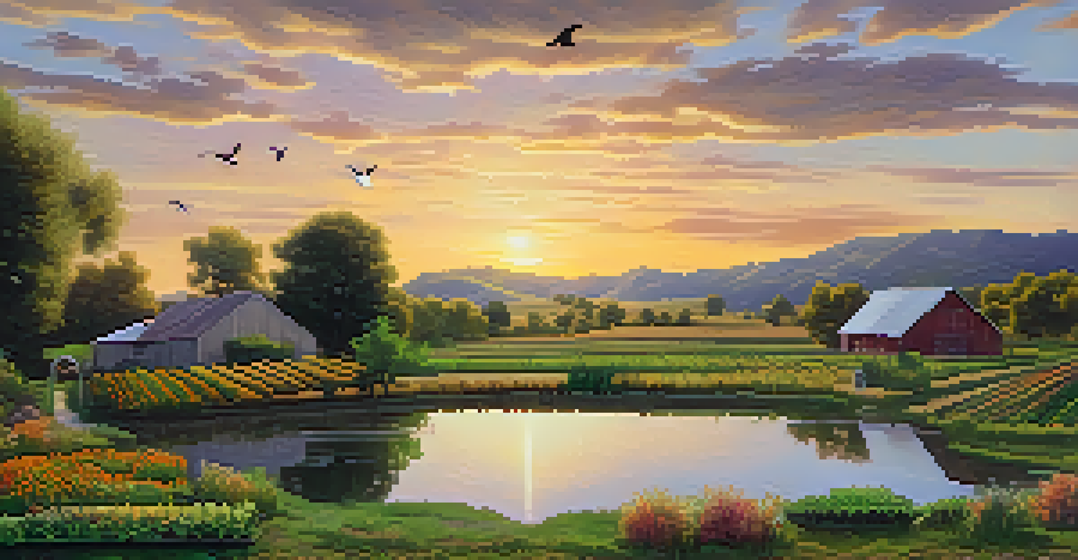 A beautiful permaculture farm with crops, trees, and a pond during sunset.