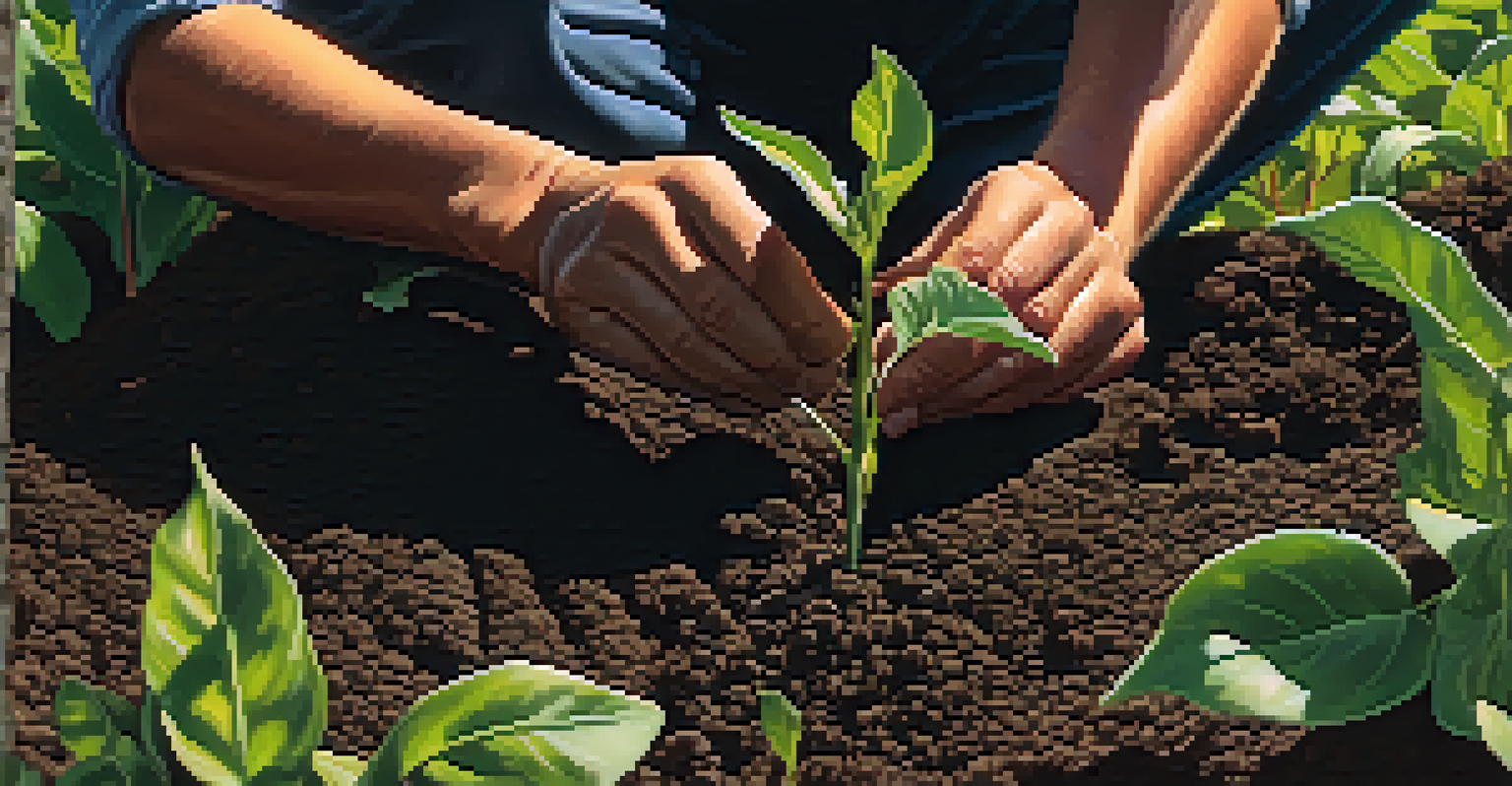 A close-up of a farmer's hands planting a young tree in dark soil, with various crops surrounding it and soft sunlight filtering through the leaves.