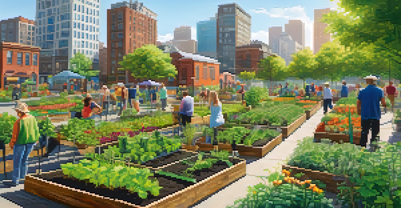 A community garden in the city with people gardening among vegetables and herbs.