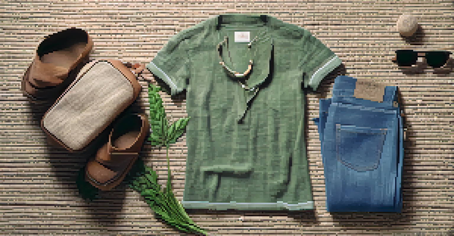 A flat lay of hemp clothing items and eco-friendly accessories on a jute mat, with natural light enhancing the scene.