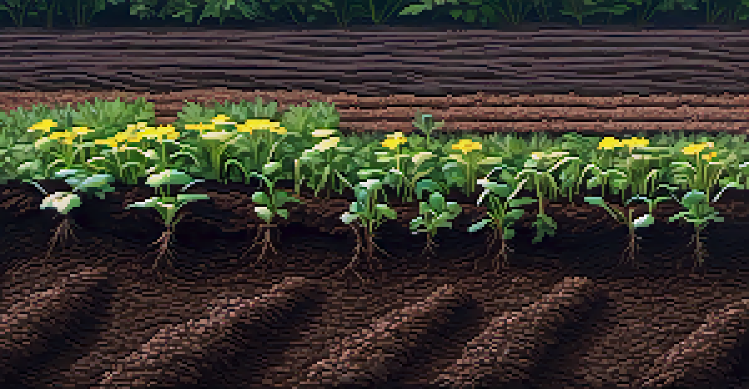 A close-up of dark, rich soil with compost, mulch, and roots, illuminated in warm light, showcasing organic health.