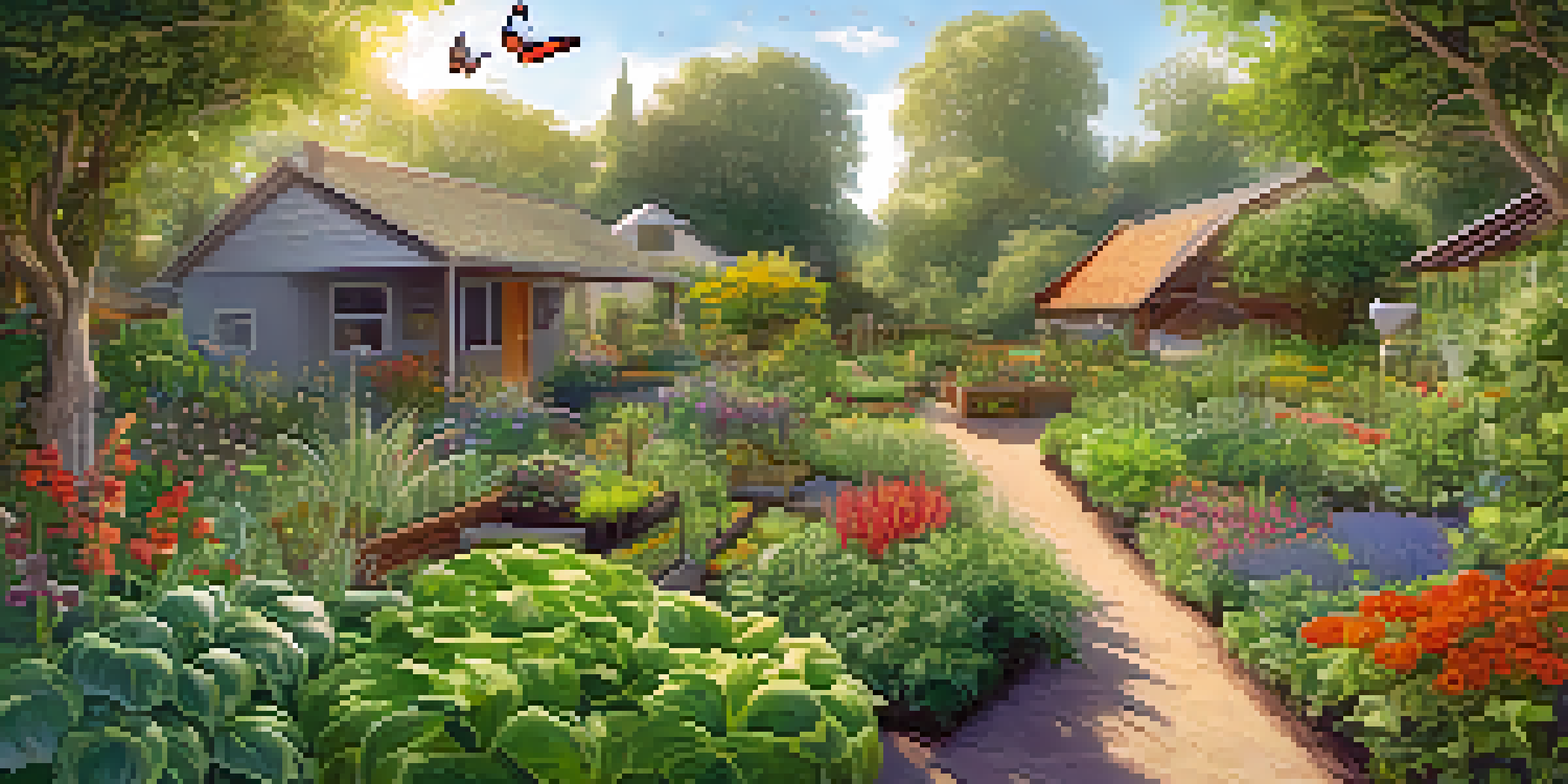 A colorful permaculture garden with a kitchen garden in the front and fruit trees and wildflowers in the back, highlighting plant diversity and wildlife.