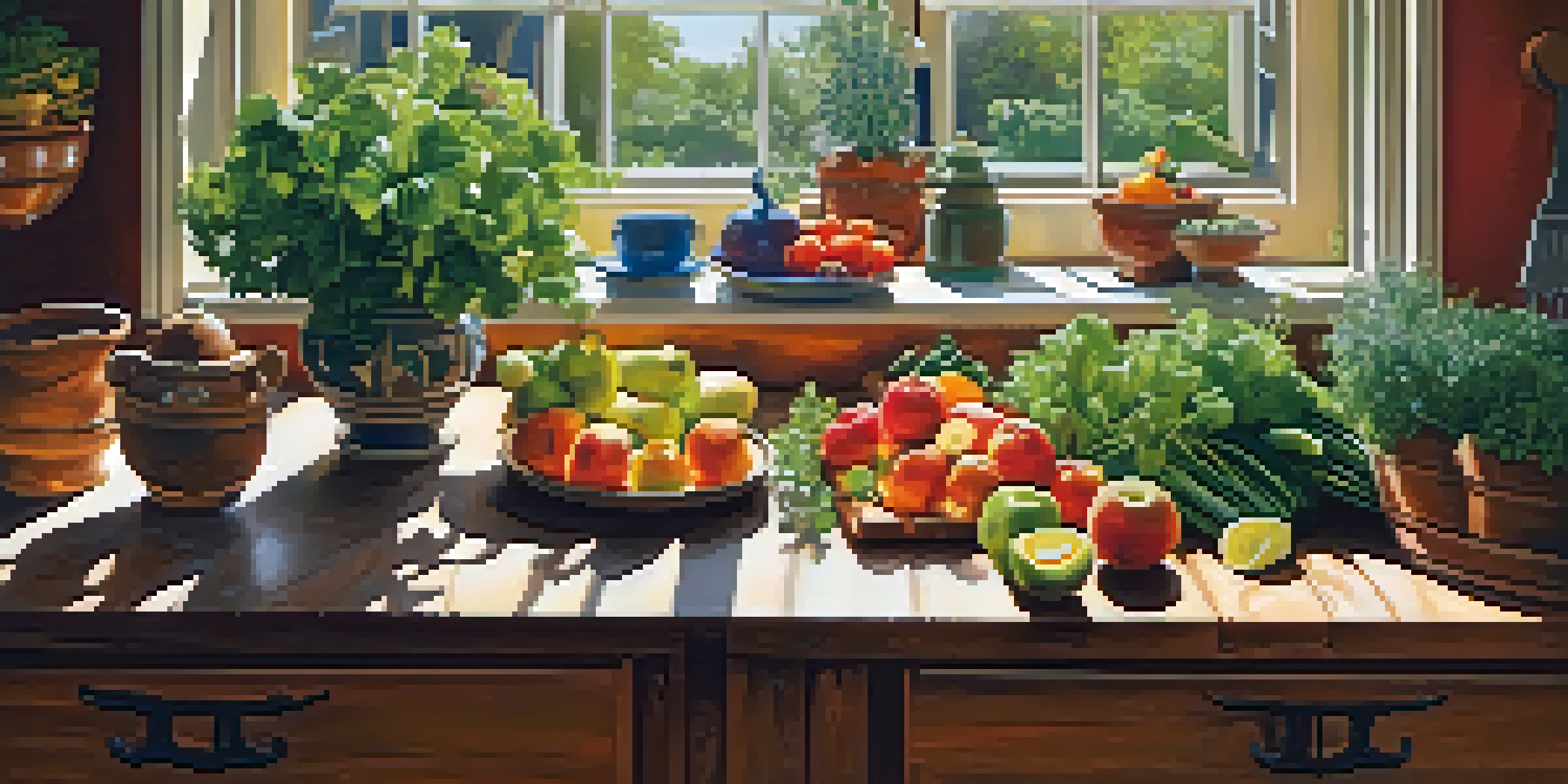 A bright kitchen filled with fresh fruits and vegetables, with sunlight streaming in and herbs in the background.