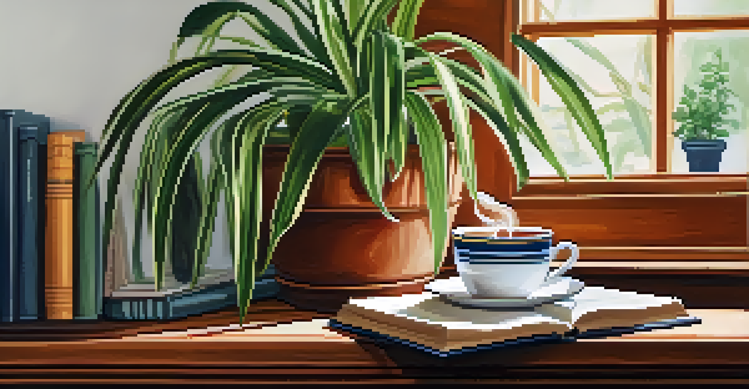 A close-up of a spider plant on a desk with a cup of tea and books, illuminated by soft natural light.