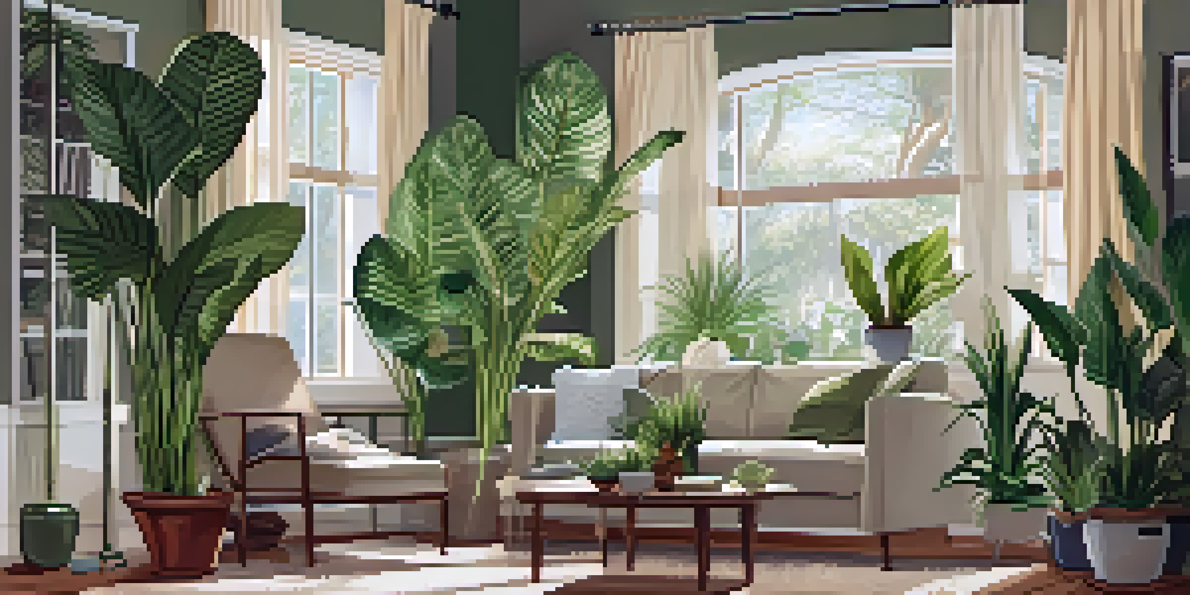 A cozy living room with various indoor plants, including snake plants and peace lilies, illuminated by soft natural light.