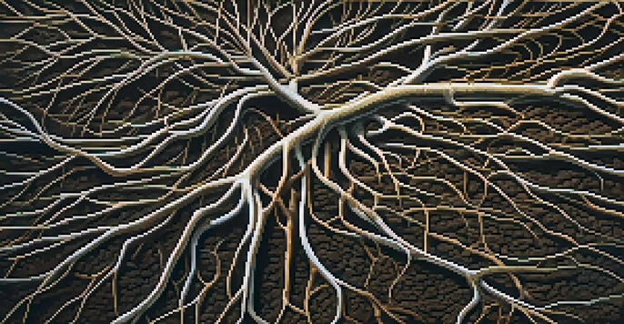 A detailed close-up of a plant root system with mycorrhizal fungi, showing the intertwining roots and fungal hyphae in rich soil.