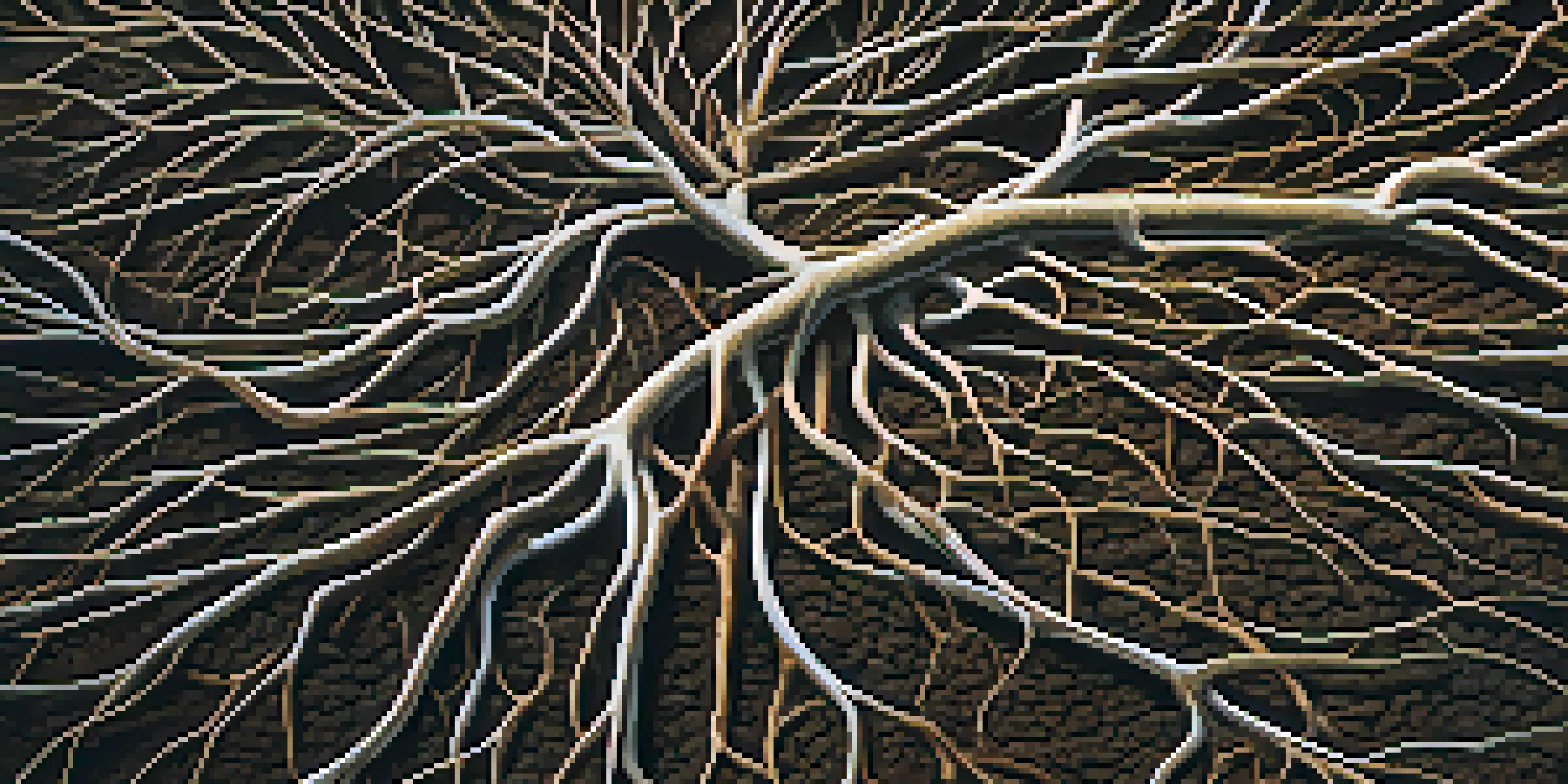 A detailed close-up of a plant root system with mycorrhizal fungi, showing the intertwining roots and fungal hyphae in rich soil.