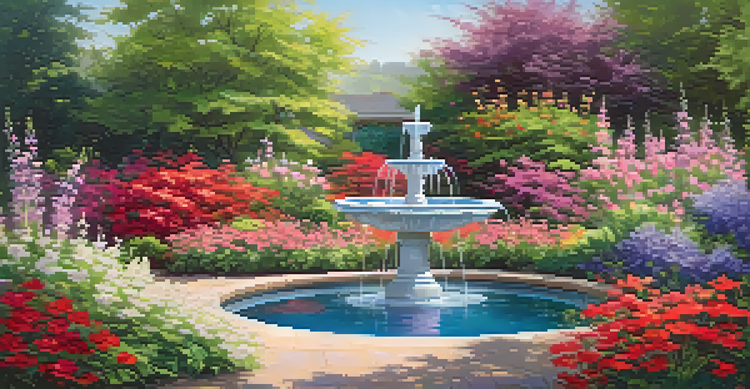A beautiful garden filled with blooming flowers of various colors and a small fountain in the background under sunlight.