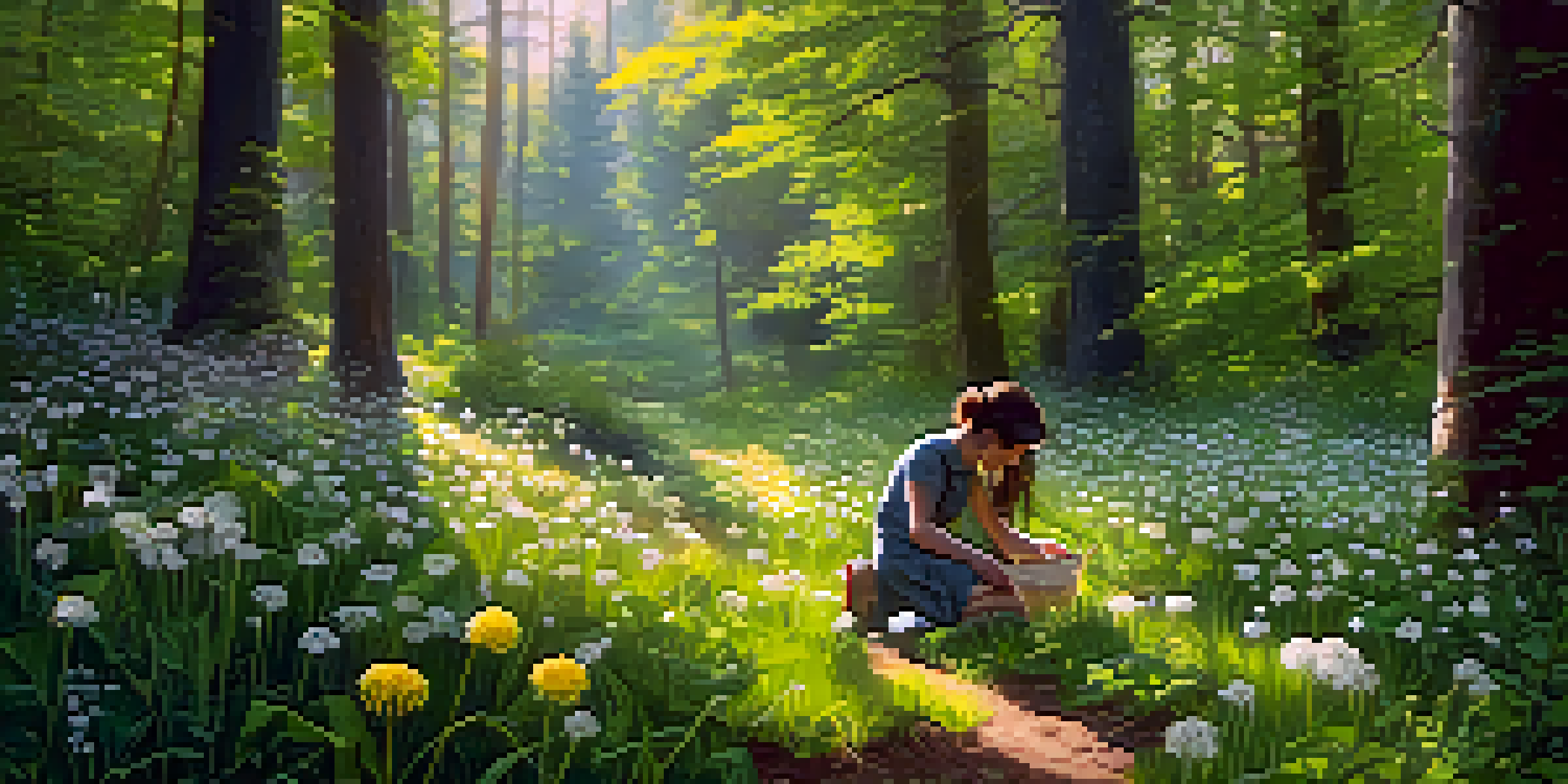 A person foraging wild edible plants in a sunlit forest, with dandelions and wild garlic visible on the forest floor.