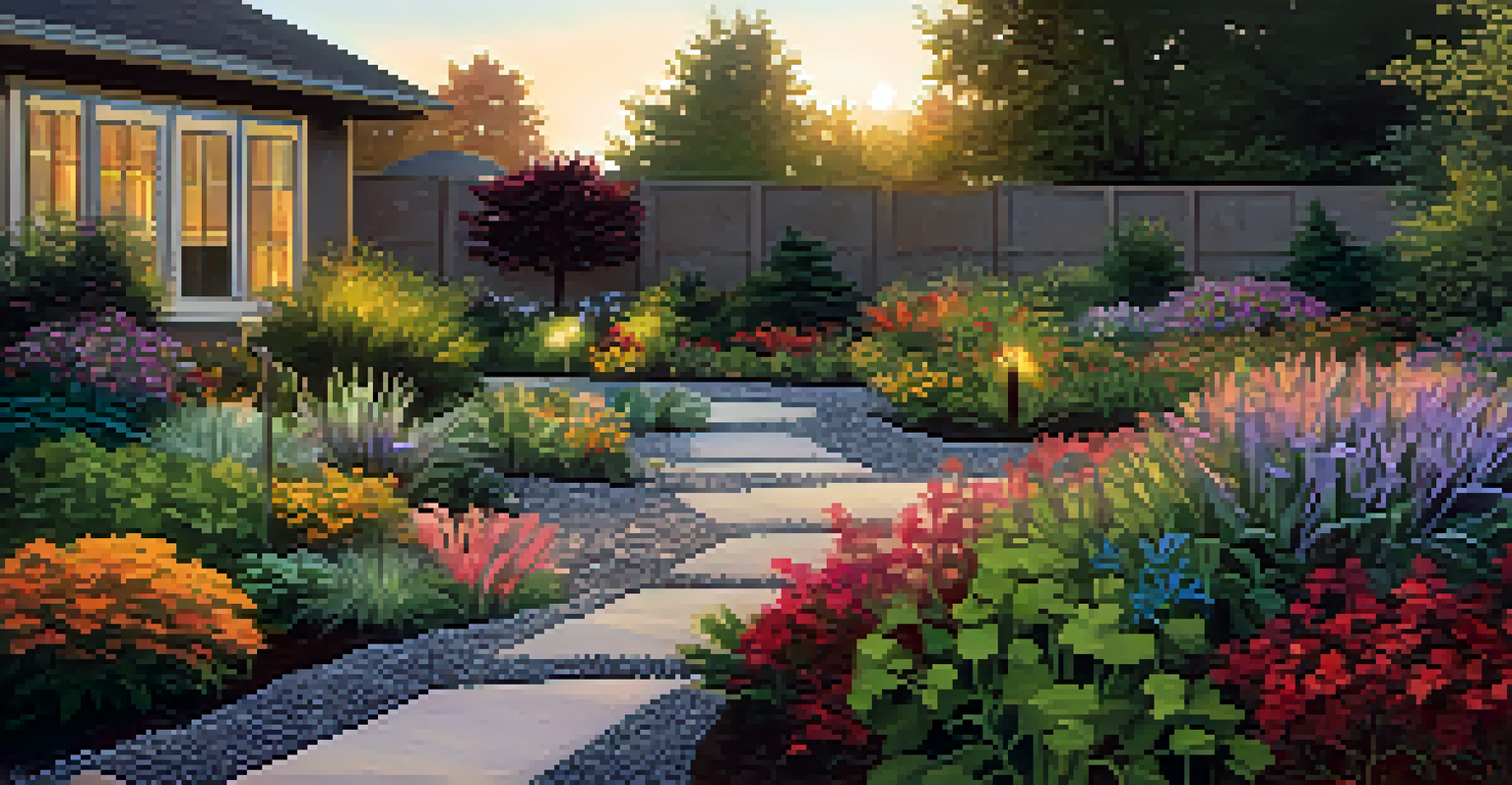 A serene evening view of a water-smart garden with soft lighting, showcasing drip irrigation and colorful perennials thriving in twilight.